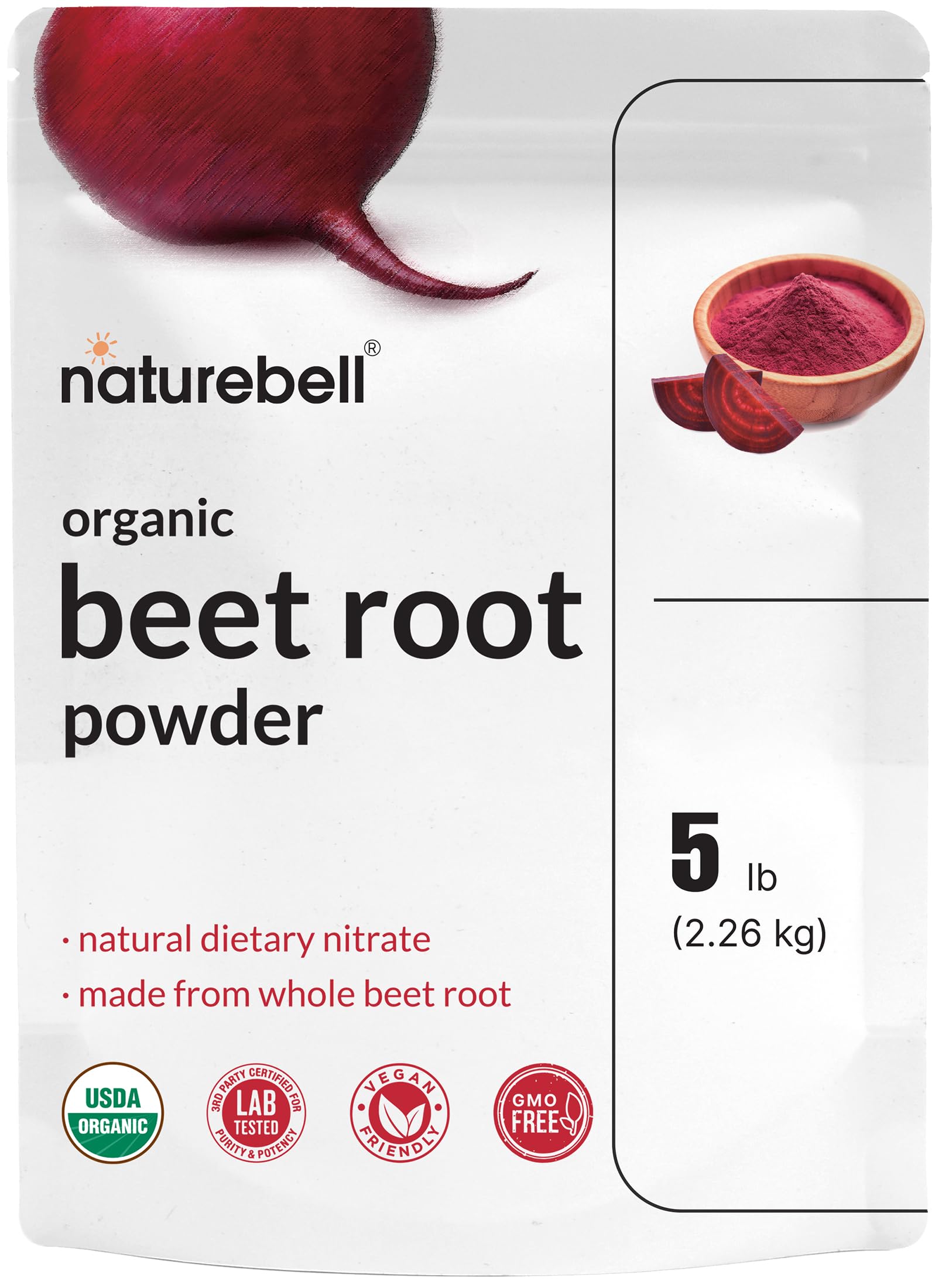 NatureBell frente del empaque mostrando 5 lb y beneficios claros