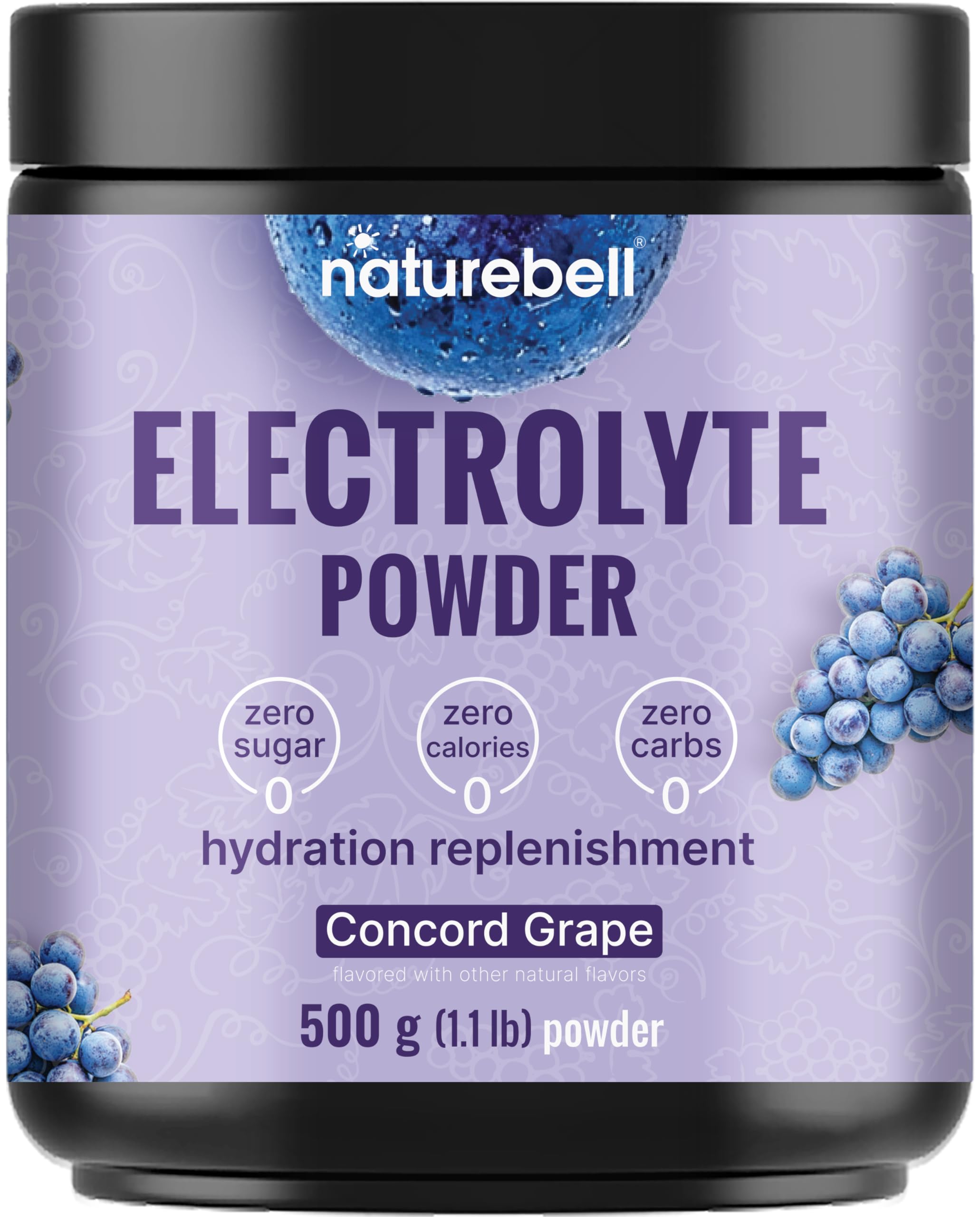 NatureBell frente del envase mostrando 500 g y sabor uva concord, ofrece hidratación precisa