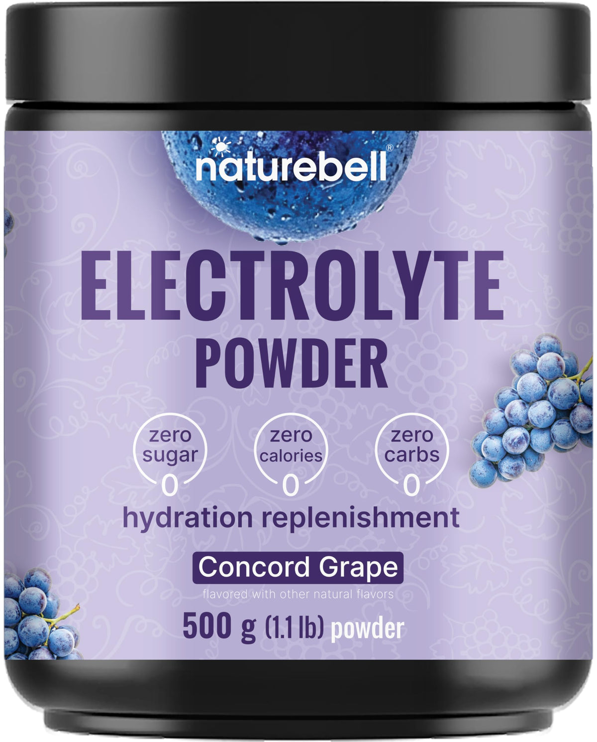 NatureBell frente del envase mostrando 500 g y sabor uva concord, ofrece hidratación precisa
