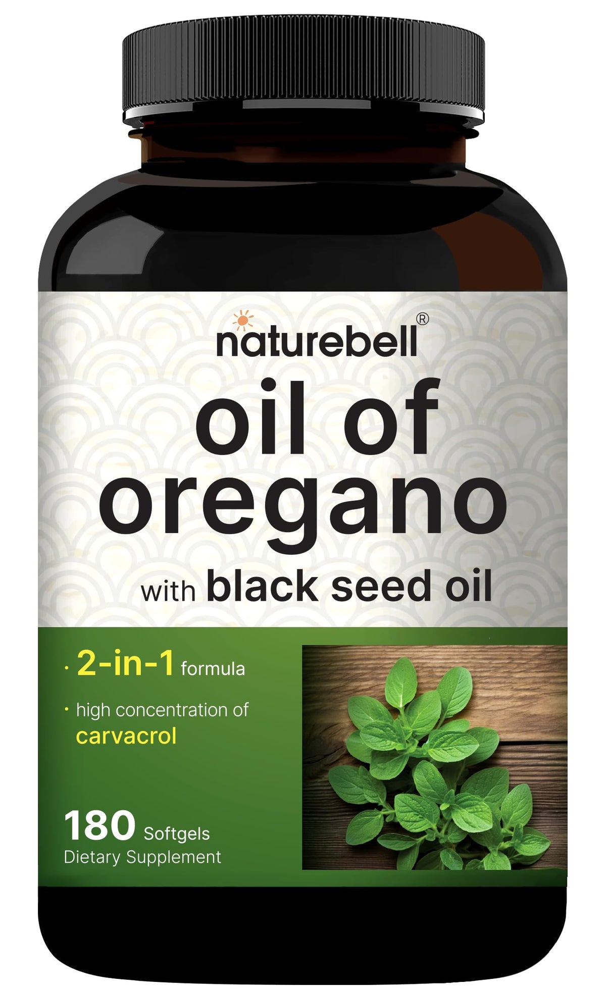 NatureBell frasco frontal con 180 softgels, presentación conveniente