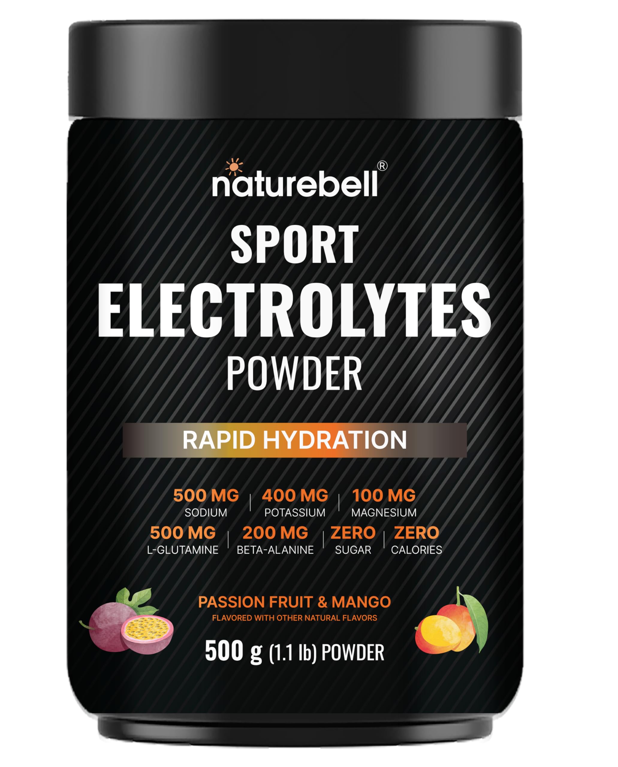 NatureBell envase frontal mostrando sabor maracuyá y mango y beneficio hidratación