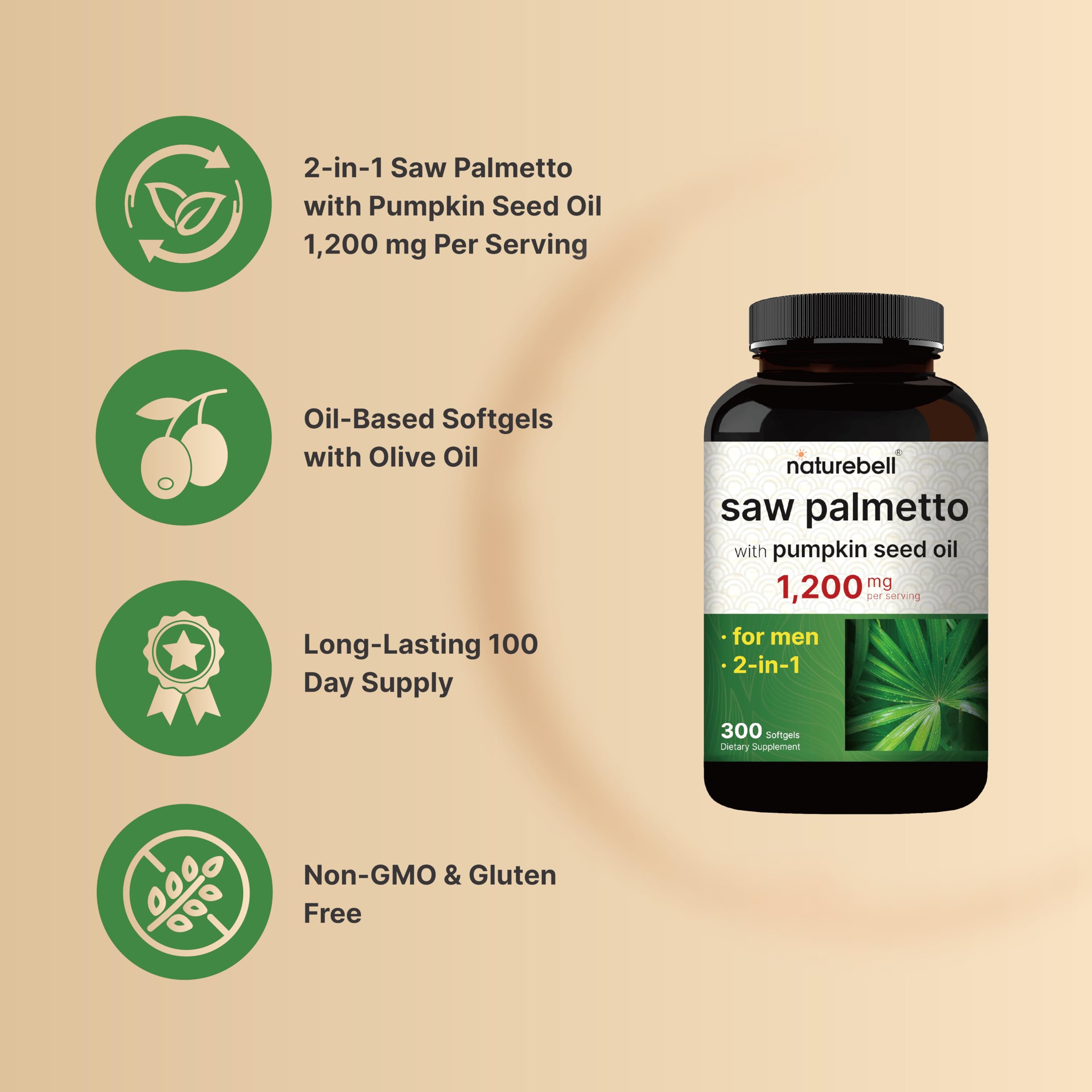 Imagen de saw palmetto y semillas de calabaza junto al frasco NatureBell explicando ingredientes