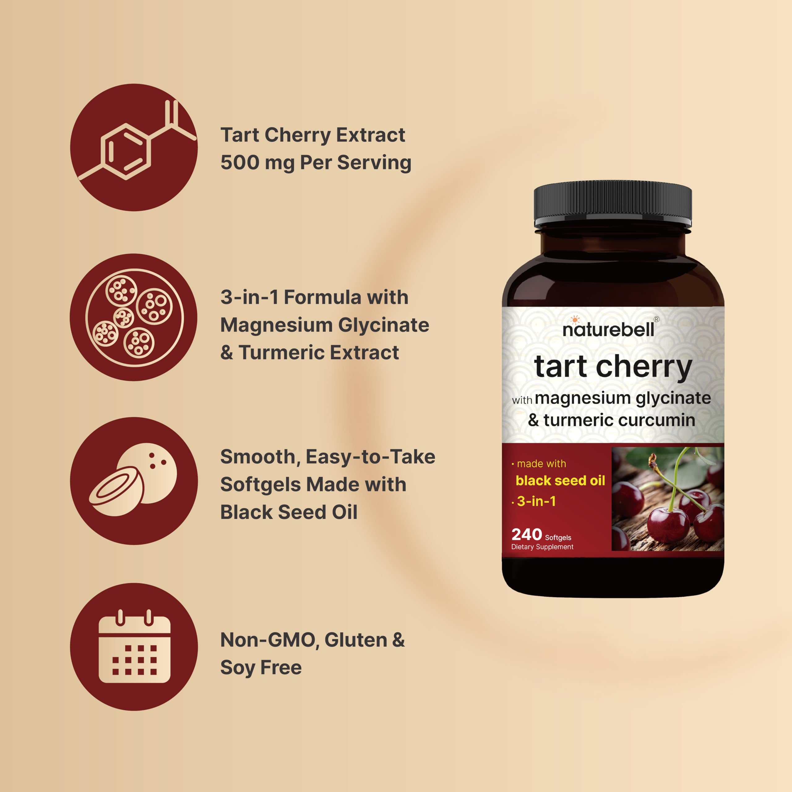 NatureBell ingredientes trio: cereza, magnesio y cúrcuma visualmente combinados