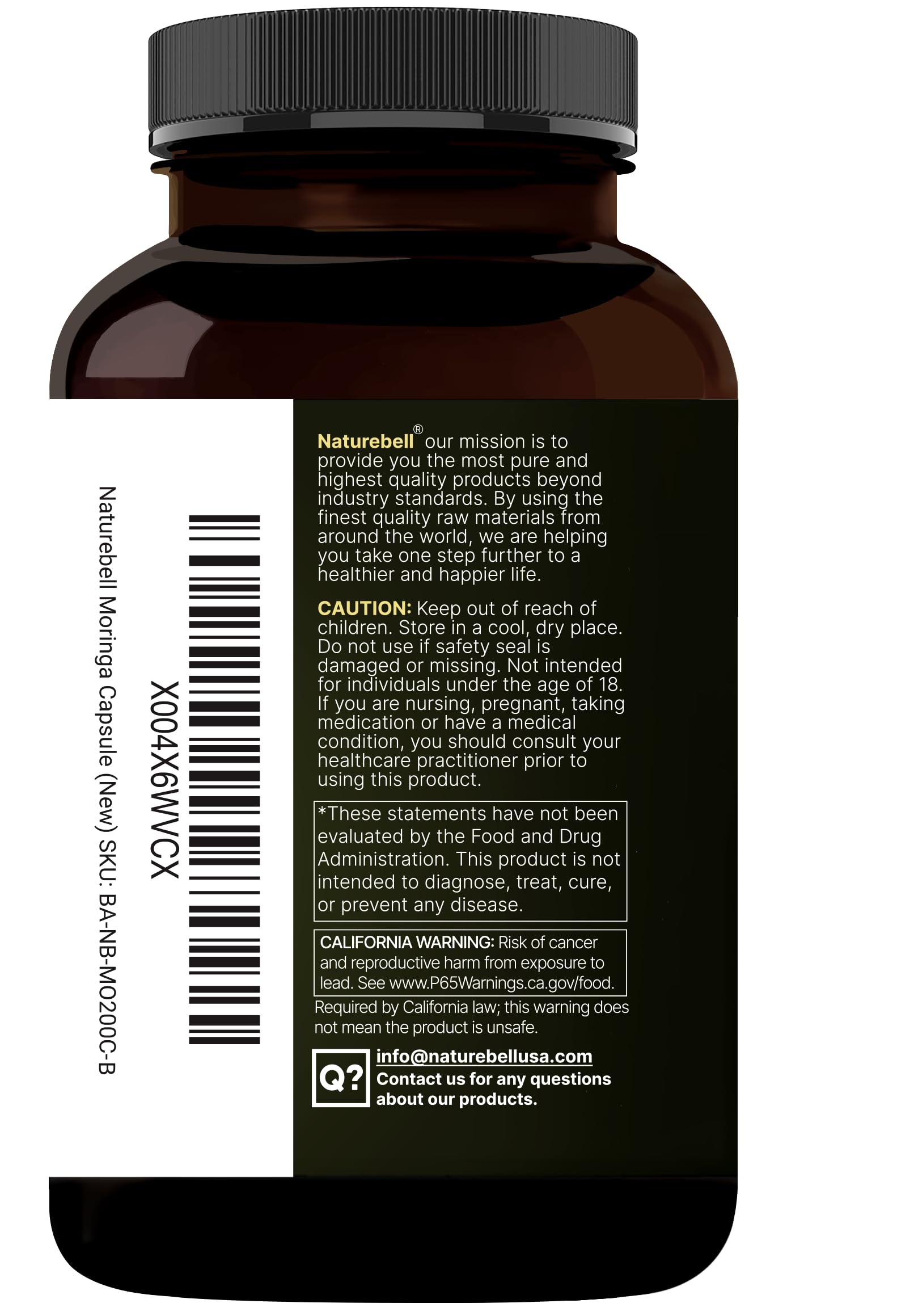 NatureBell etiqueta con información nutricional y pruebas de laboratorio