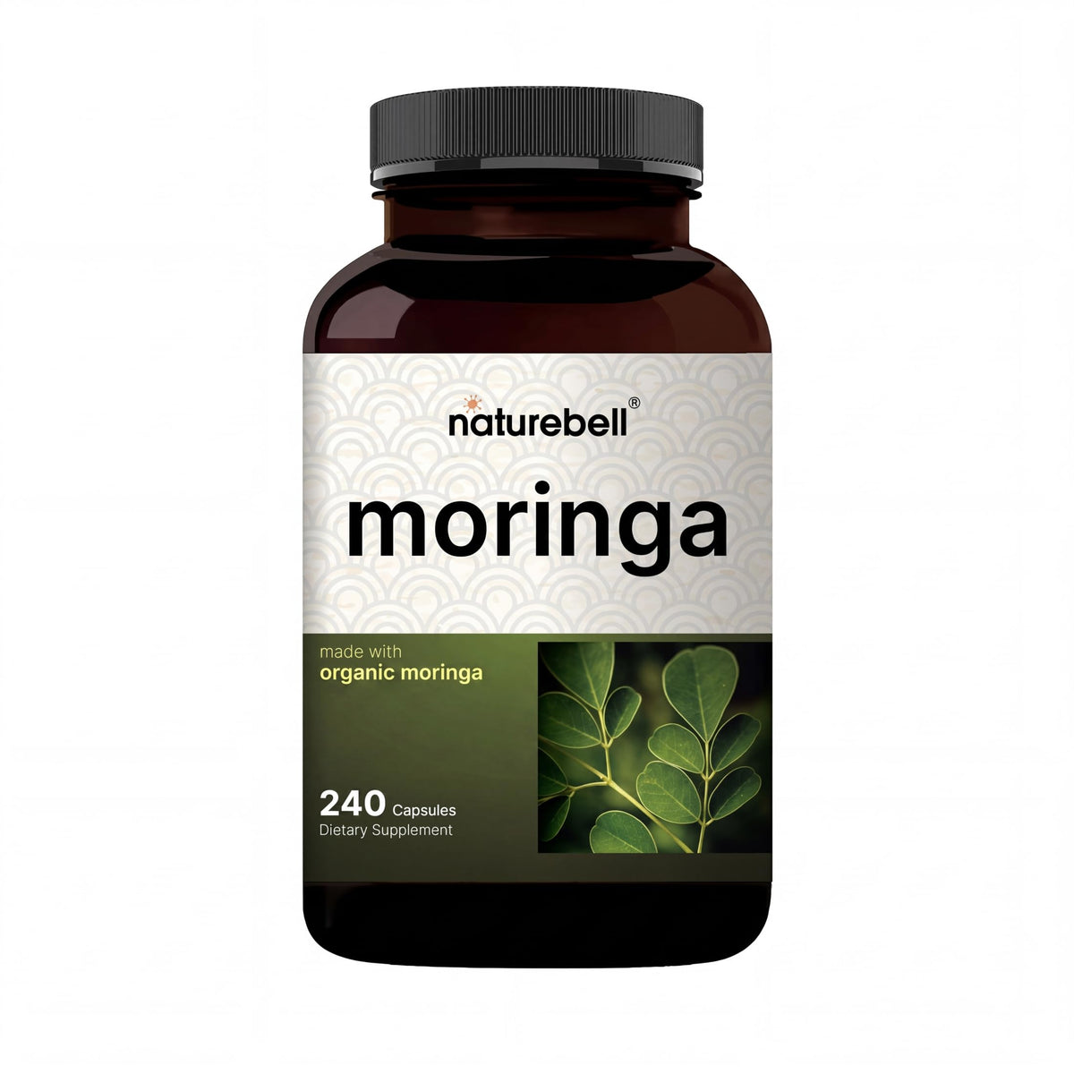 NatureBell frasco frontal mostrando 240 cápsulas y beneficios del producto