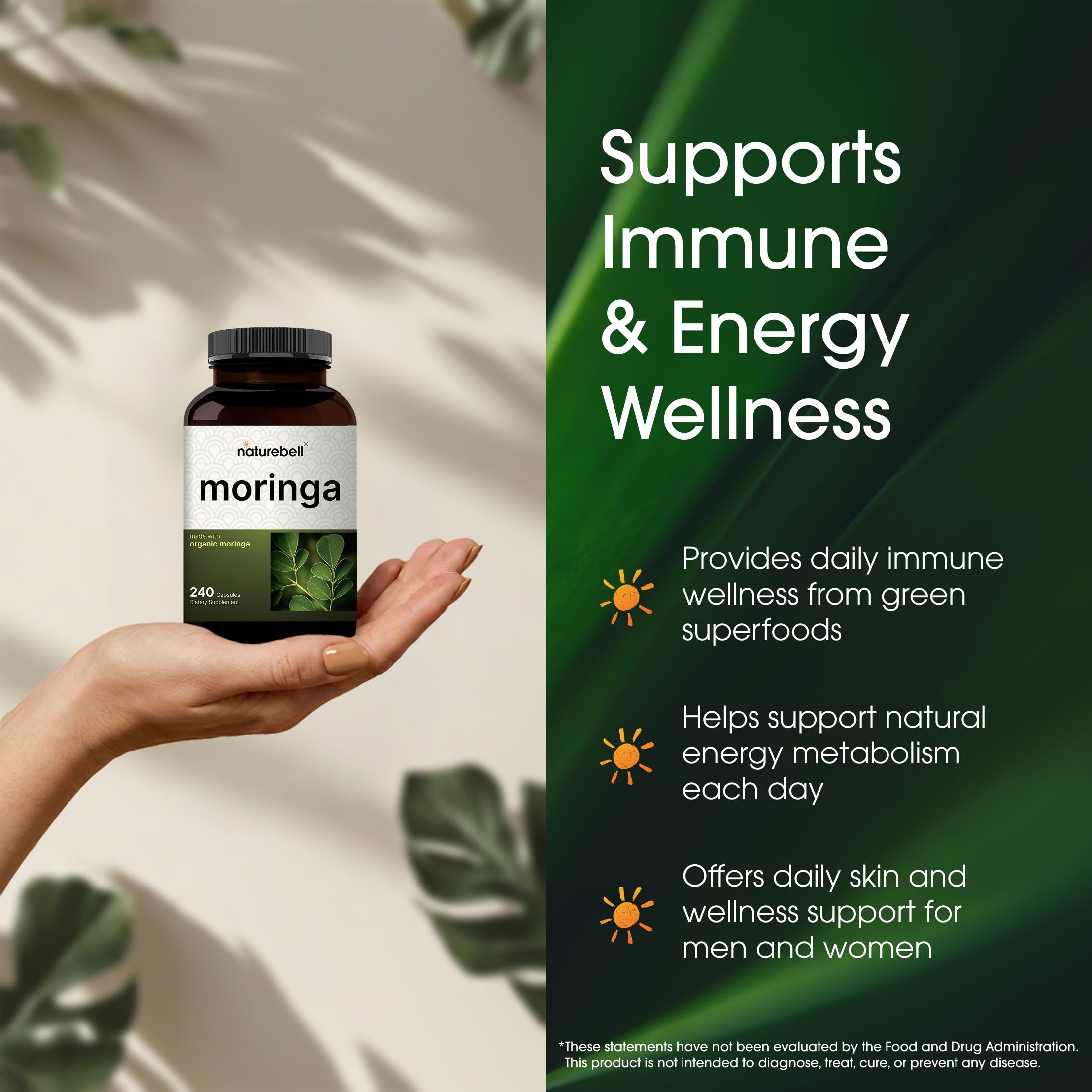 NatureBell cápsulas en mano para comparar tamaño y dosis diaria