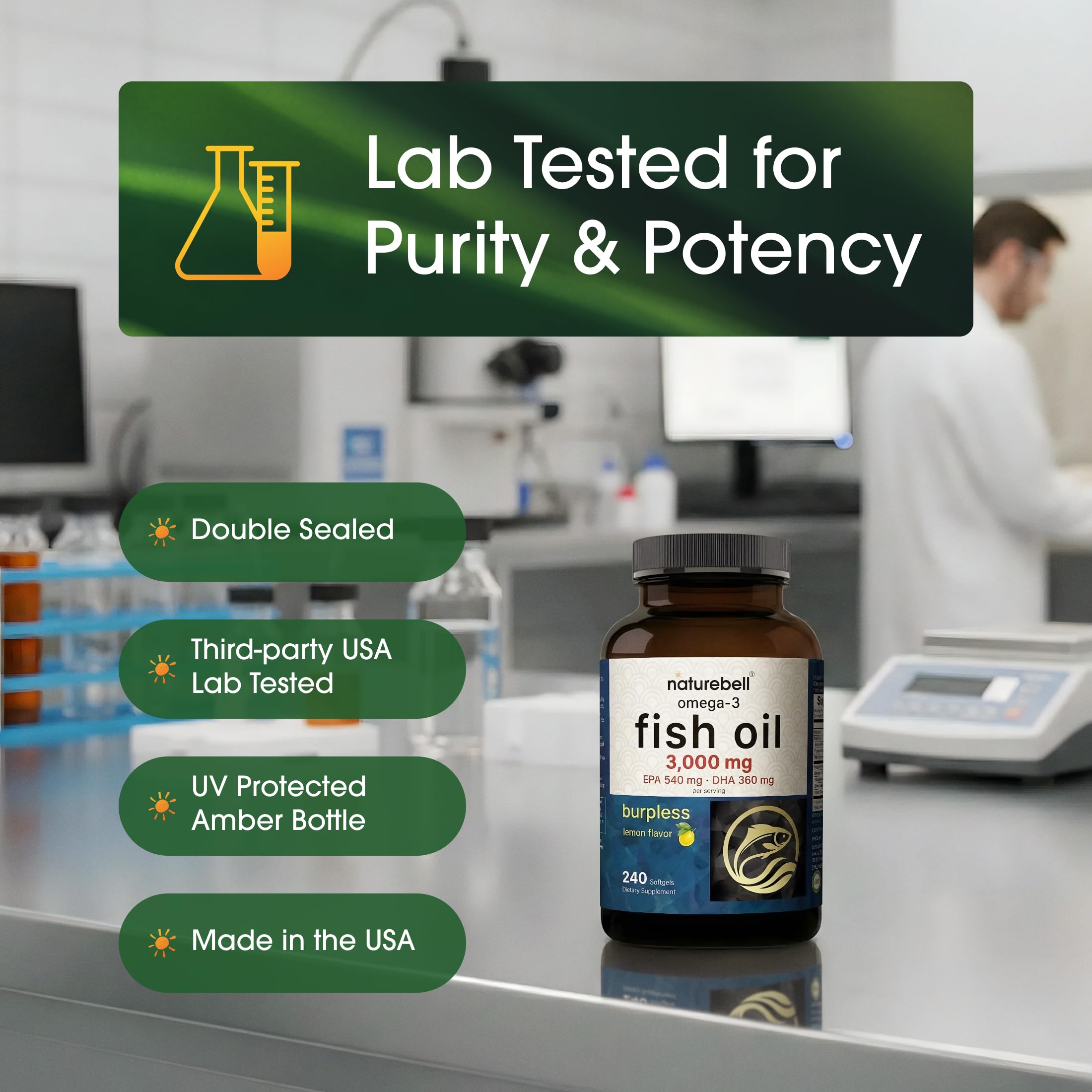 NatureBell gota de aceite que destaca la pureza y la calidad del omega-3