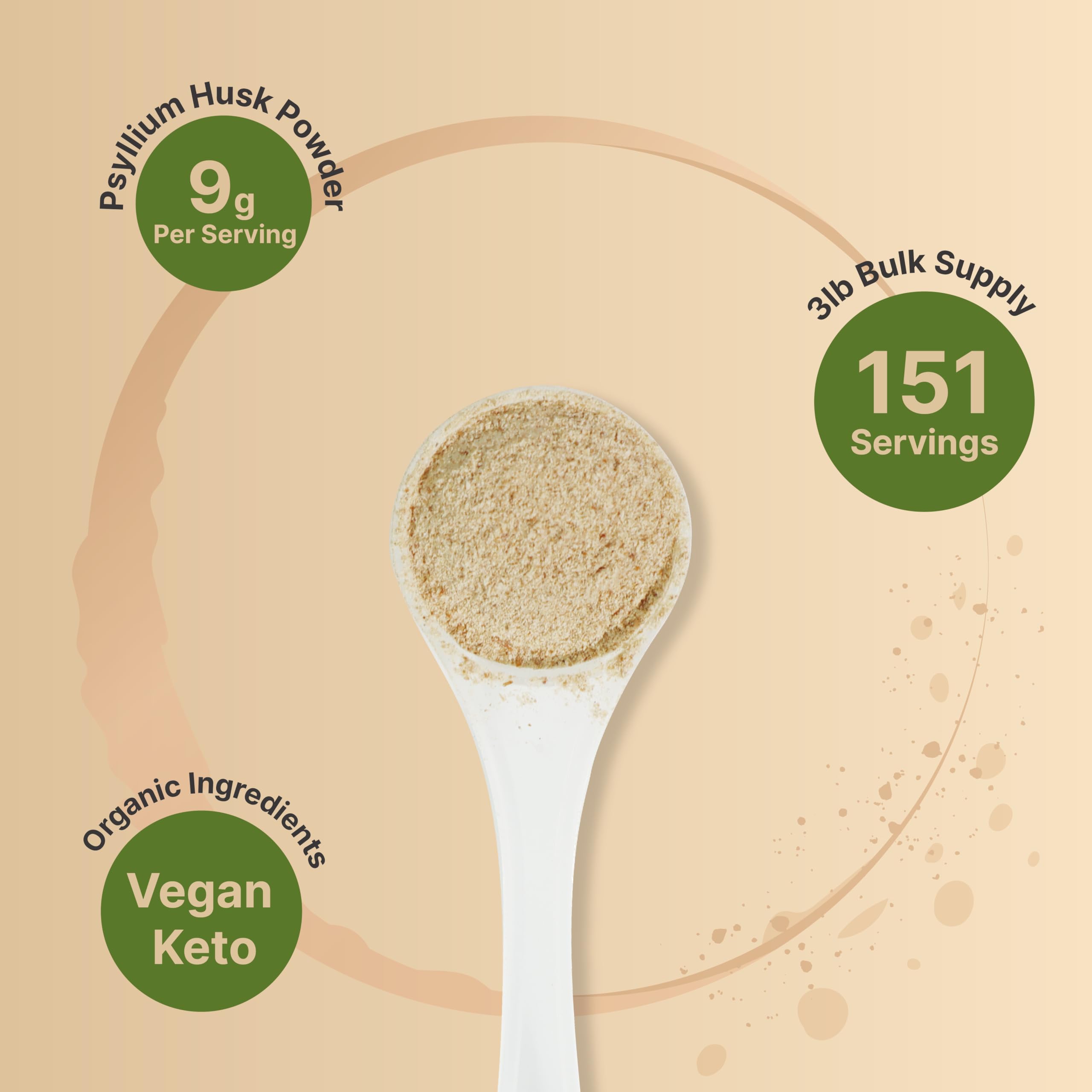 NatureBell cucharada medidora con psyllium destacando porciones de 9 g por servicio