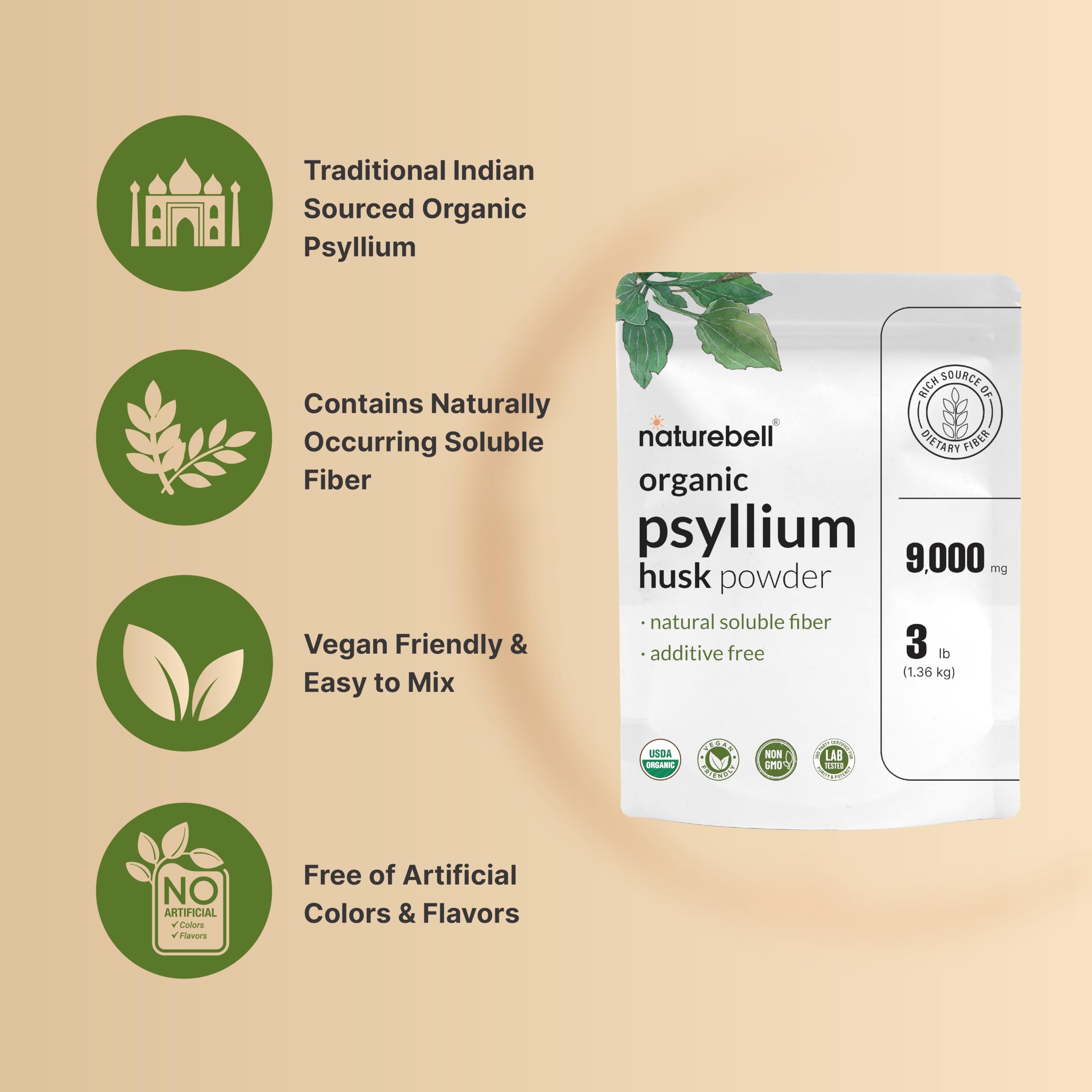 NatureBell vaso con psyllium mezclado demostrando fácil disolución y uso diario