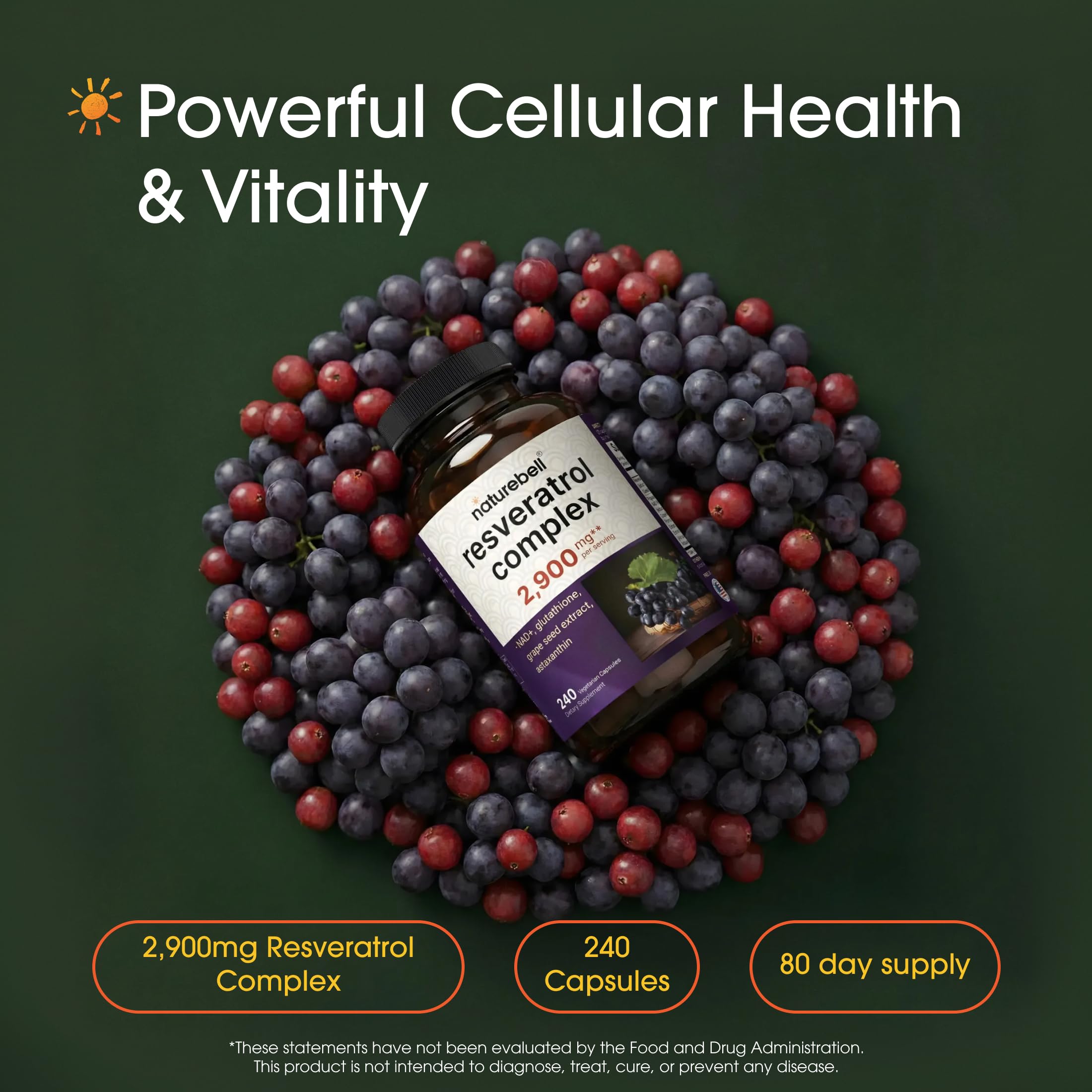 NatureBell ingredientes en polvo cercano mostrando resveratrol y extractos naturales