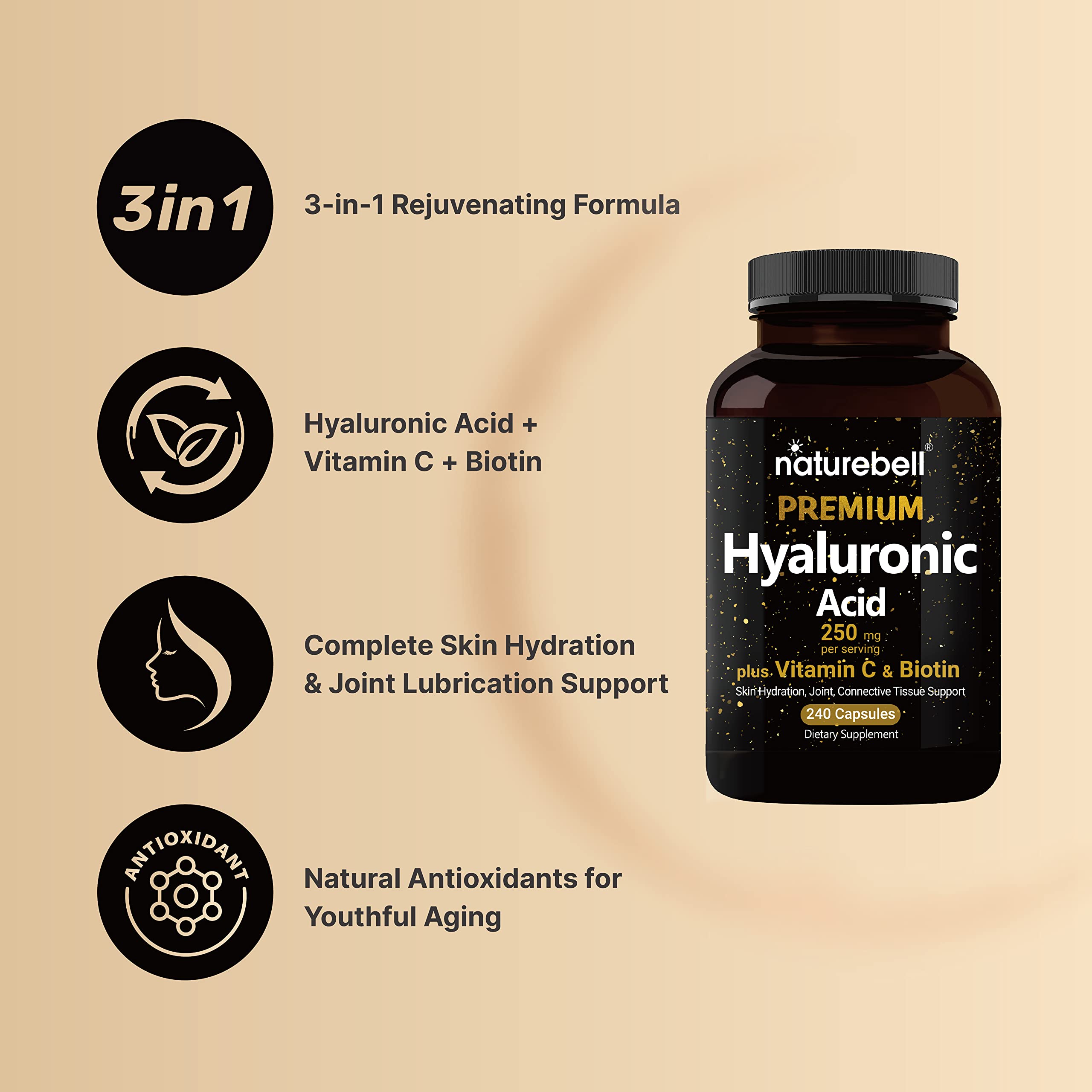 NatureBell mujer tomando cápsula para apoyo diario de piel y cabello