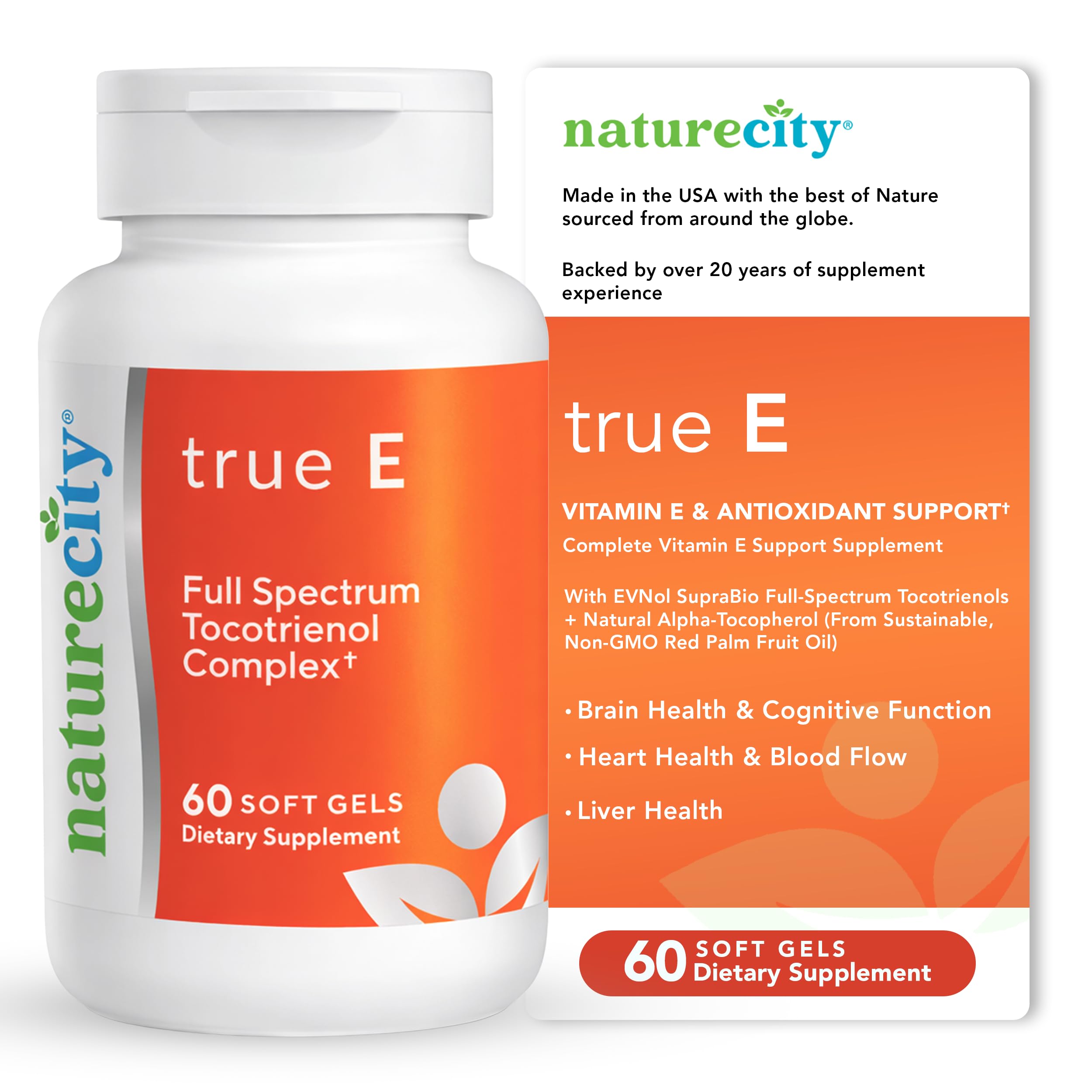 NatureCity True-E vista frontal del envase mostrando 60 softgels y claridad del producto