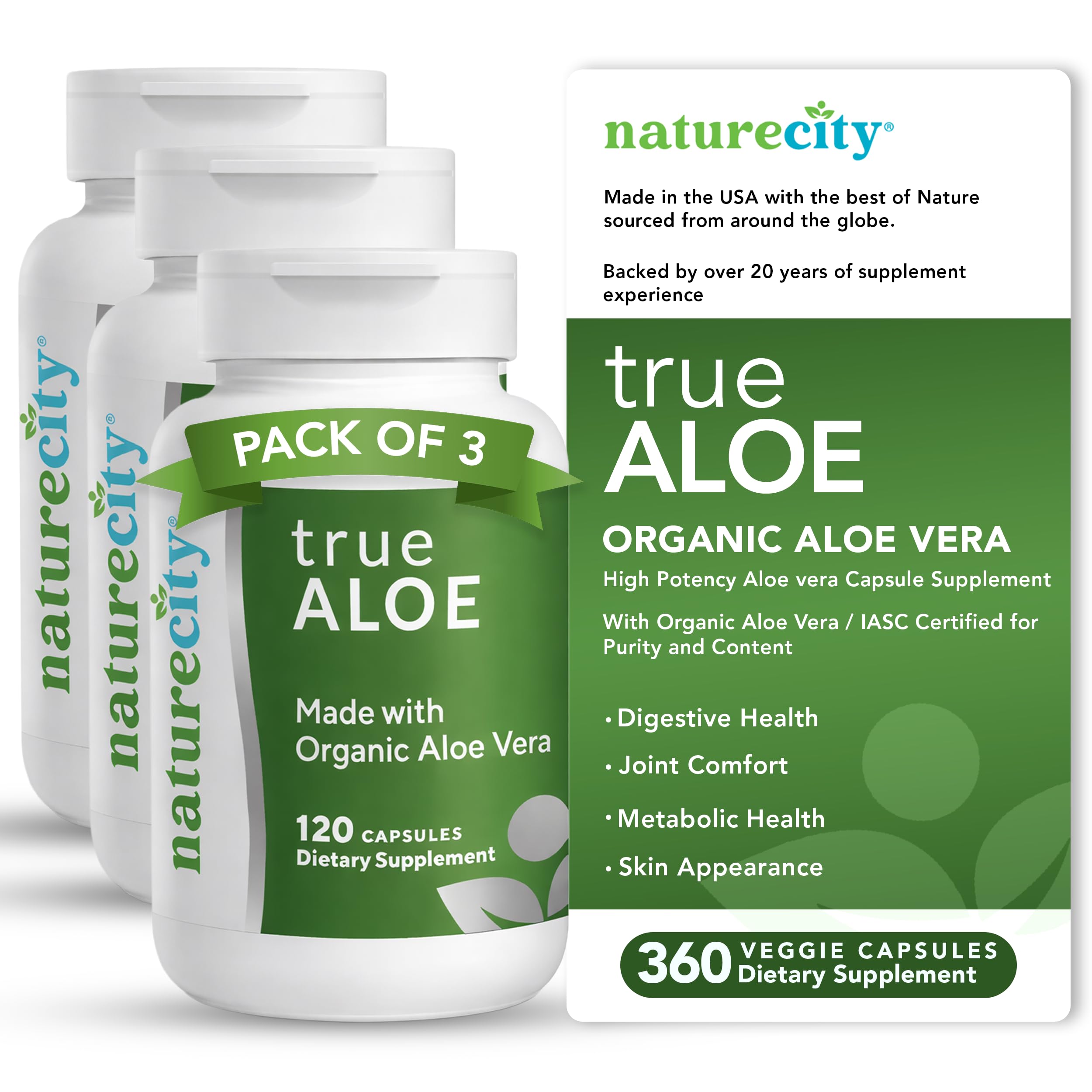 NatureCity envase TrueAloe frontal mostrando diseño y cantidad 360 cápsulas