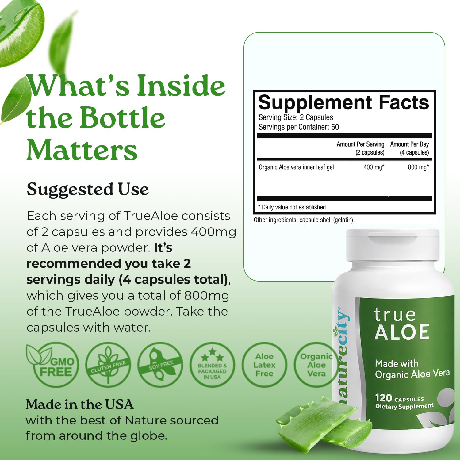NatureCity botella TrueAloe con dosis diarias y 360 cápsulas para suministro