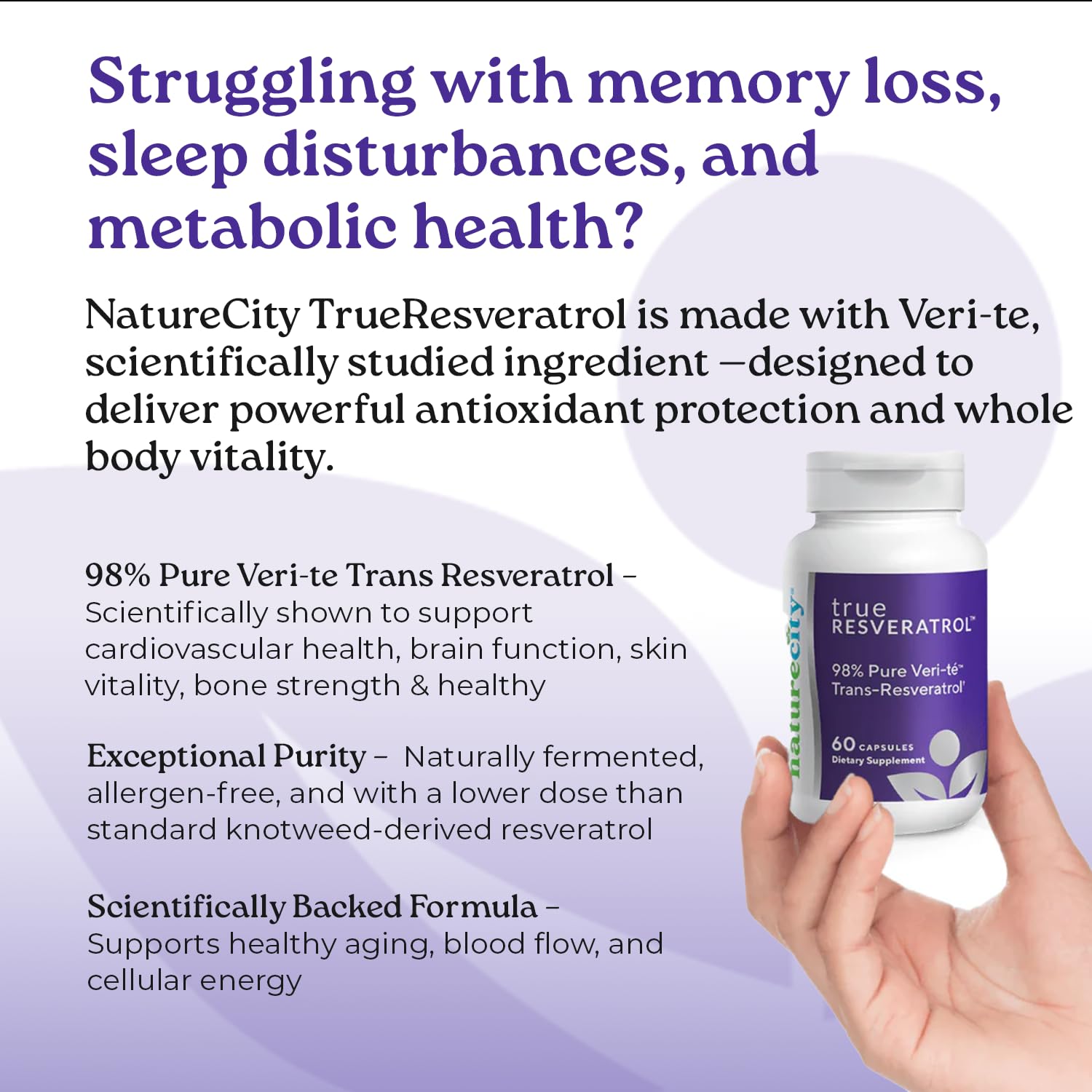 NatureCity TrueResveratrol etiqueta con información nutricional y detalles de pureza