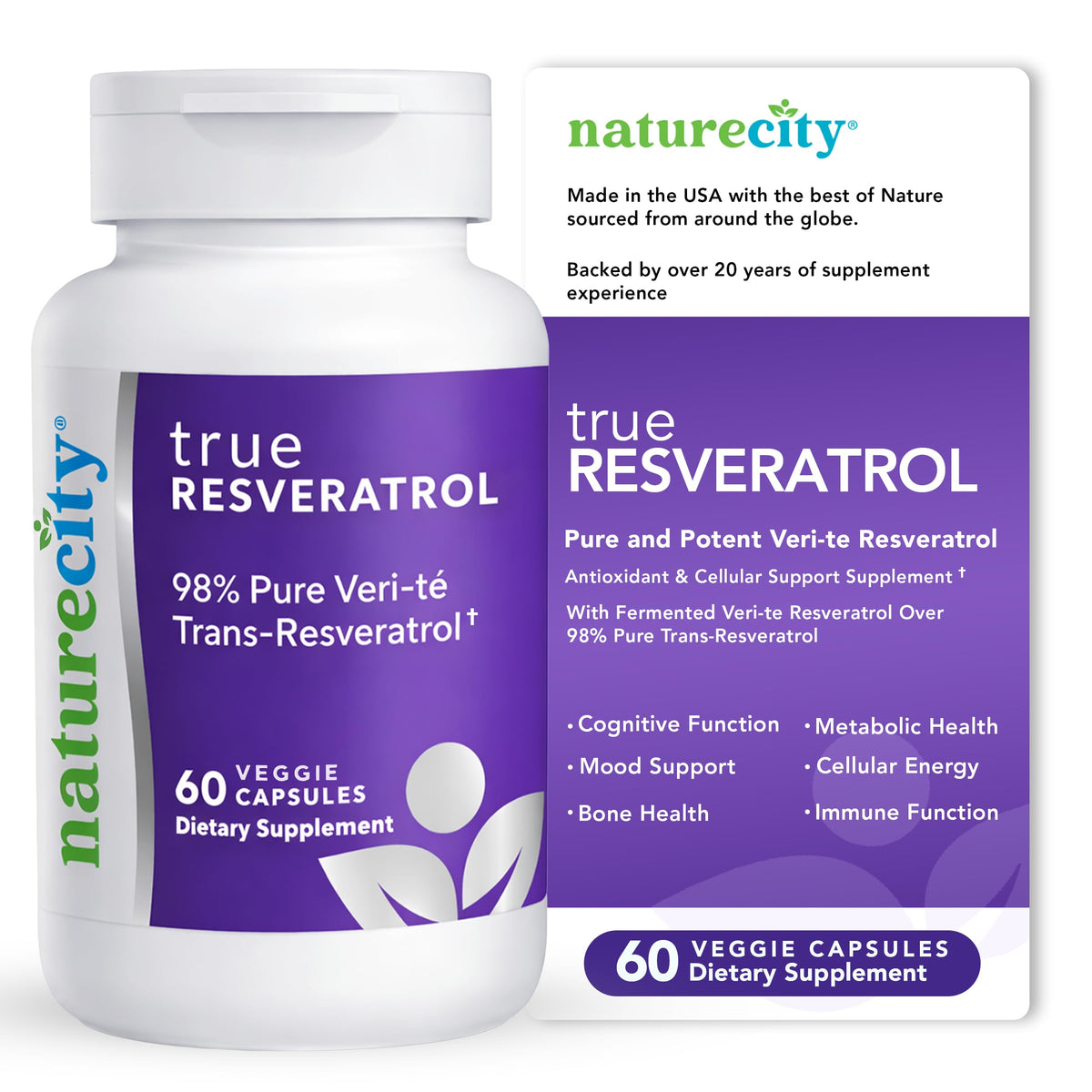 NatureCity TrueResveratrol frente del empaque mostrando diseño y beneficios claros