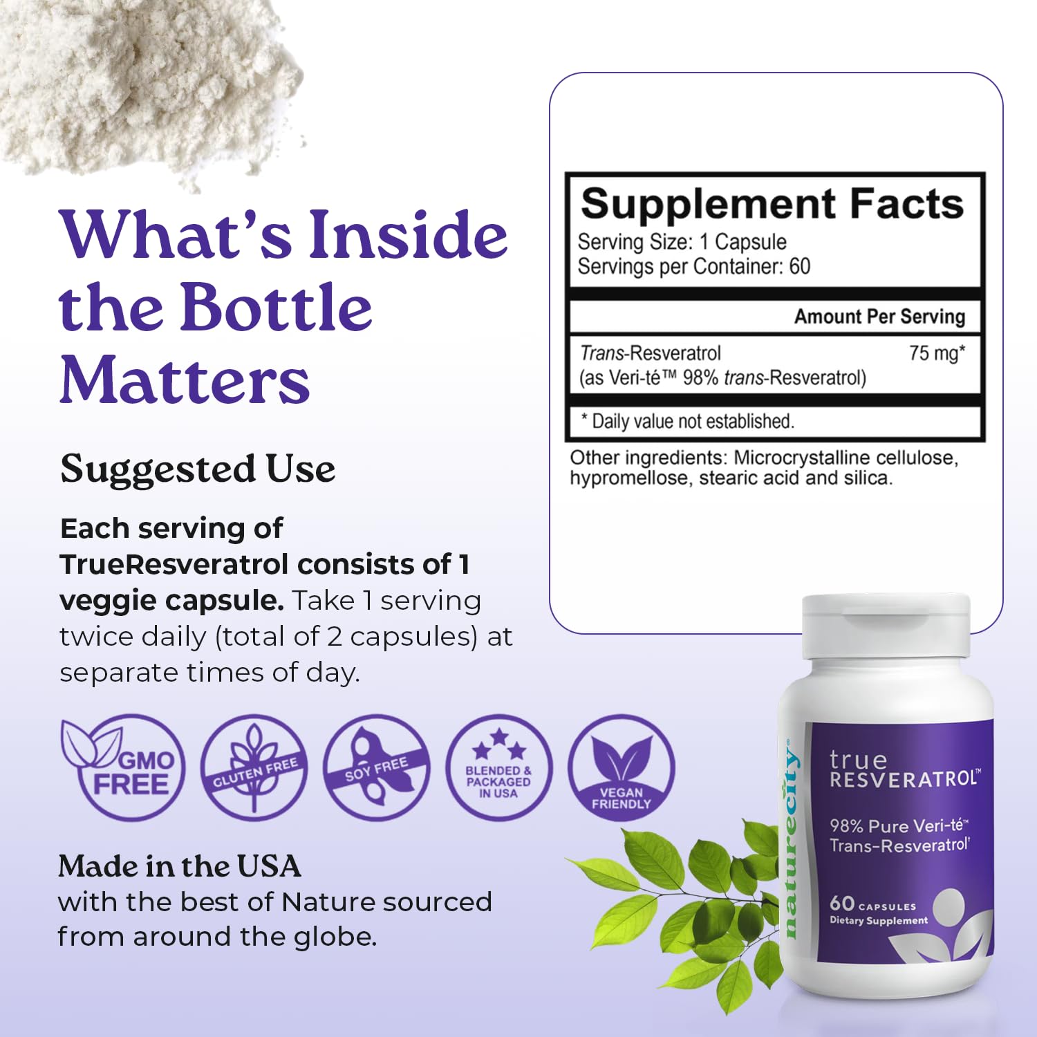 NatureCity TrueResveratrol comparación de tamaño con moneda para escala y porción clara