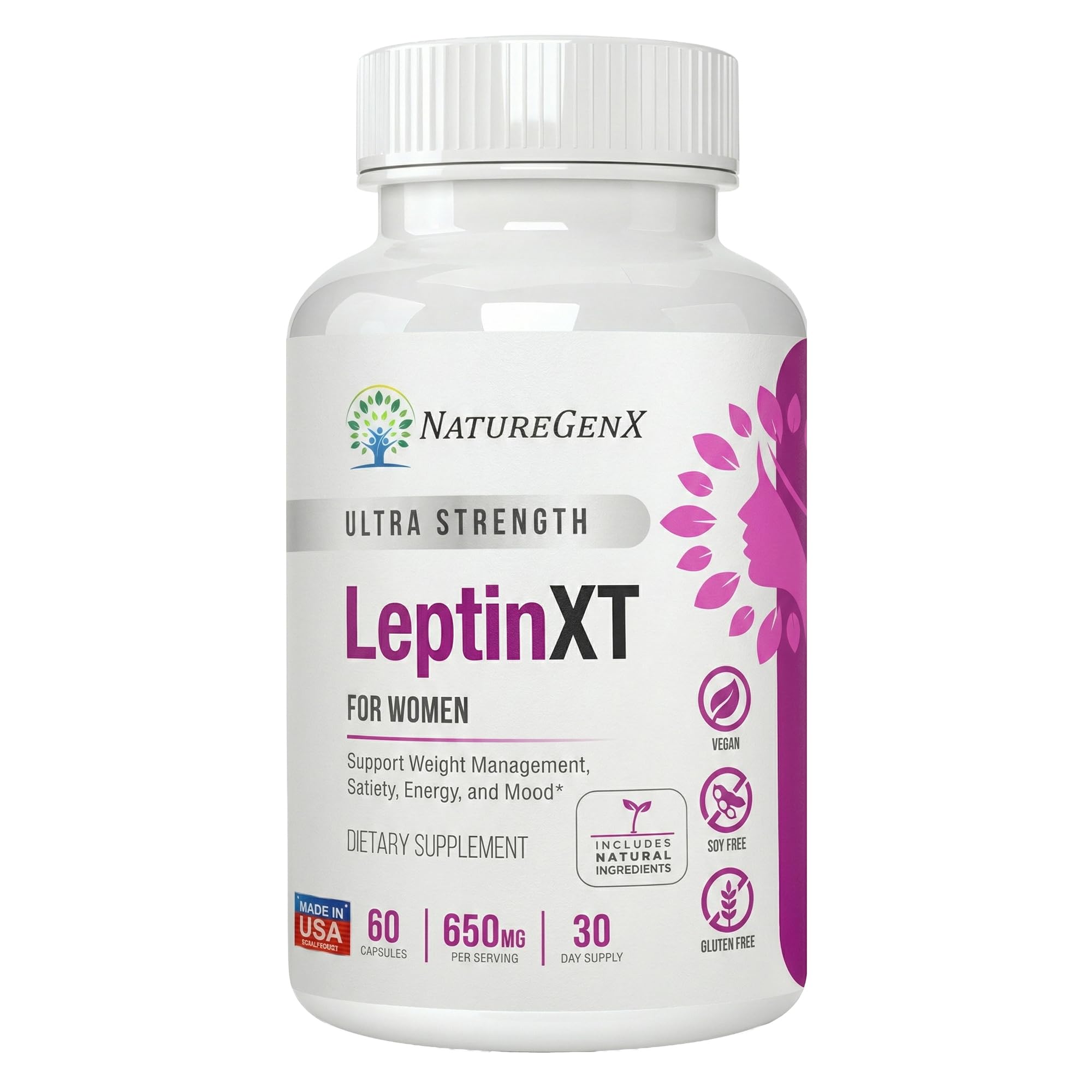 NatureGenX LeptinXT frente del envase mostrando 60 cápsulas y beneficios veganos