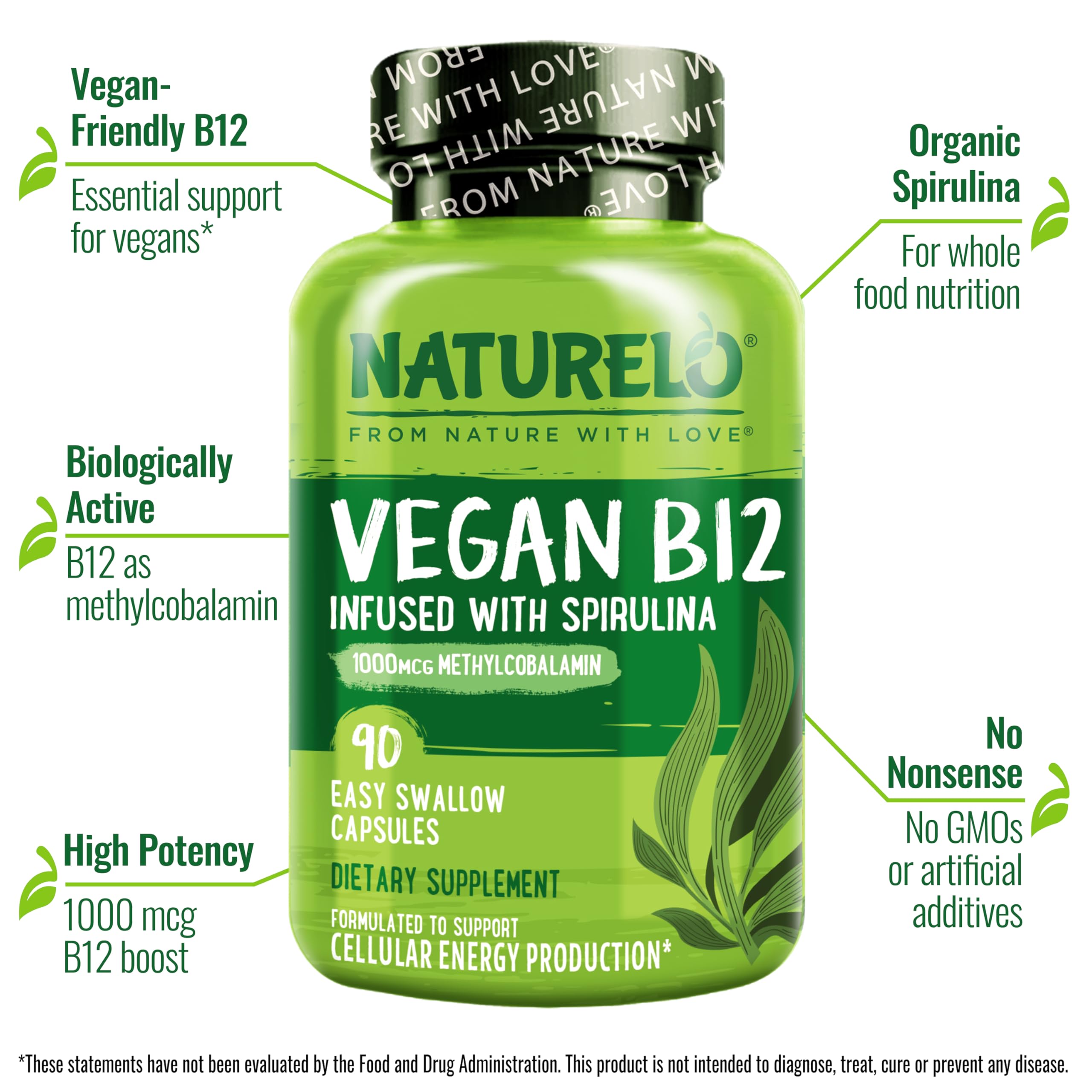NATURELO cápsula en primer plano, fácil de tragar y vegana