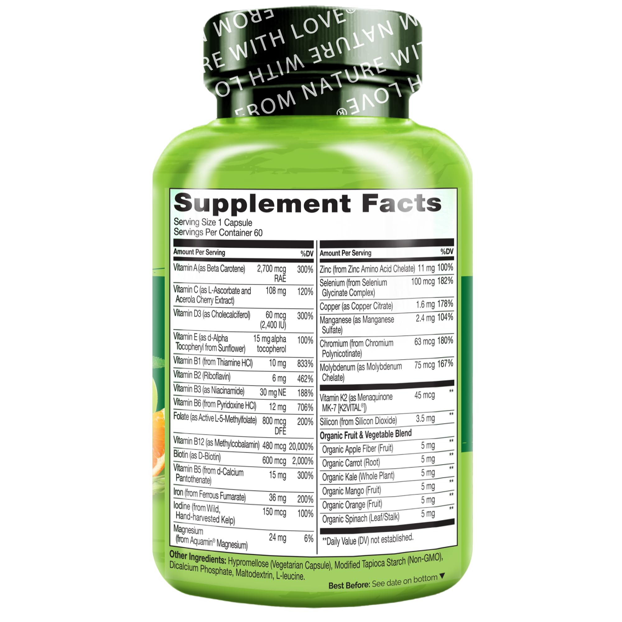 Etiqueta nutricional de NATURELO detalla vitaminas y niveles de hierro