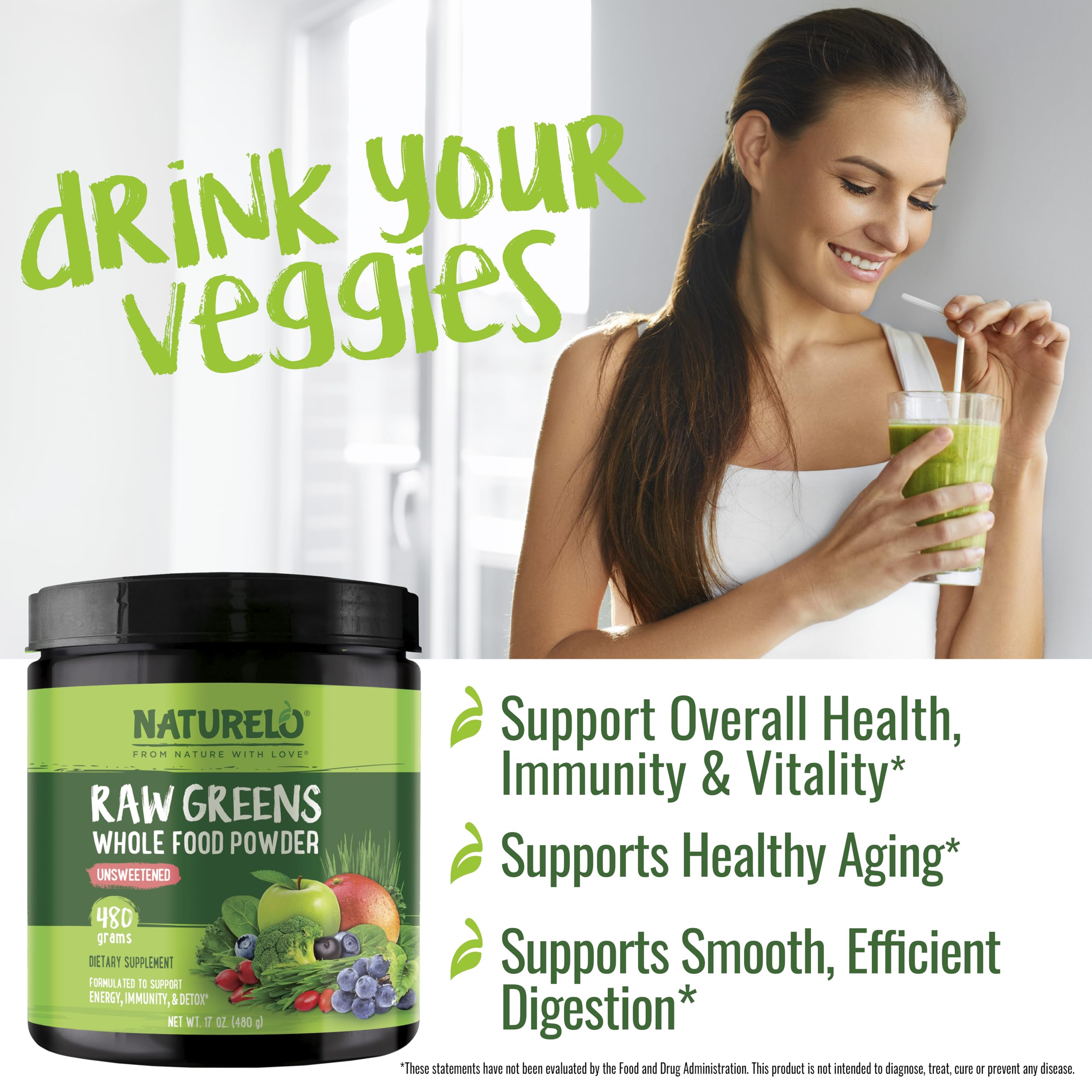 NATURELO batido verde en vaso preparado, aporte rápido de frutas y verduras