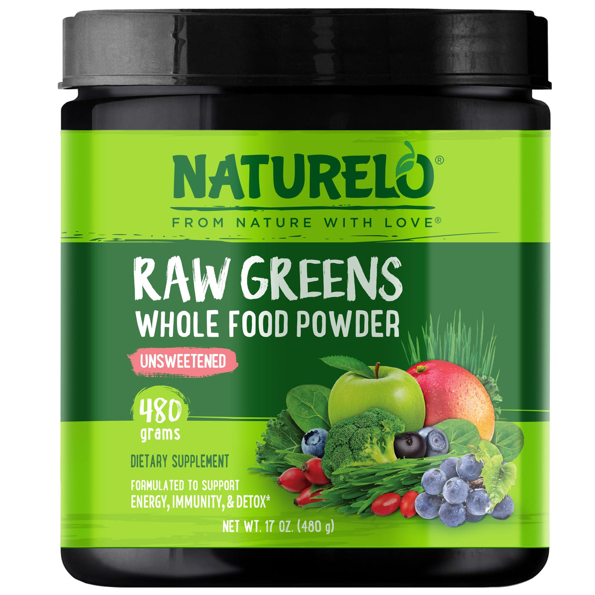 NATURELO envase frontal mostrando 480 g y mezcla de superalimentos, conveniencia diaria