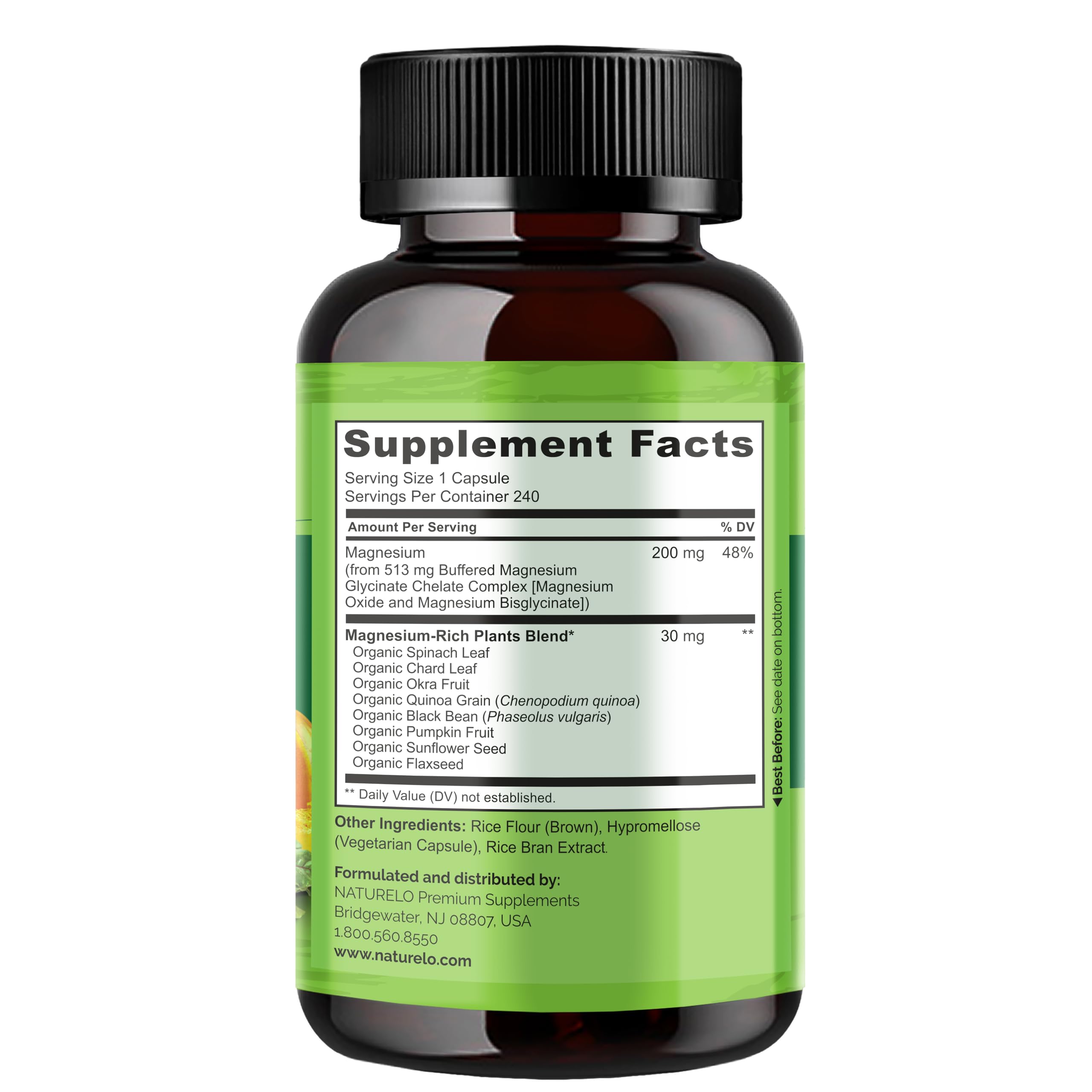 NATURELO etiqueta con información nutricional destacando 200 mg por cápsula
