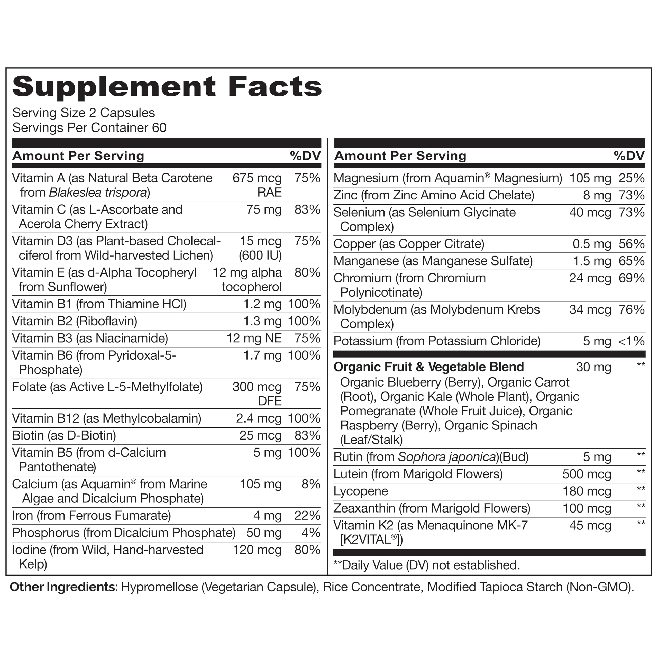 NATURELO etiqueta con lista de ingredientes activos y formas biodisponibles