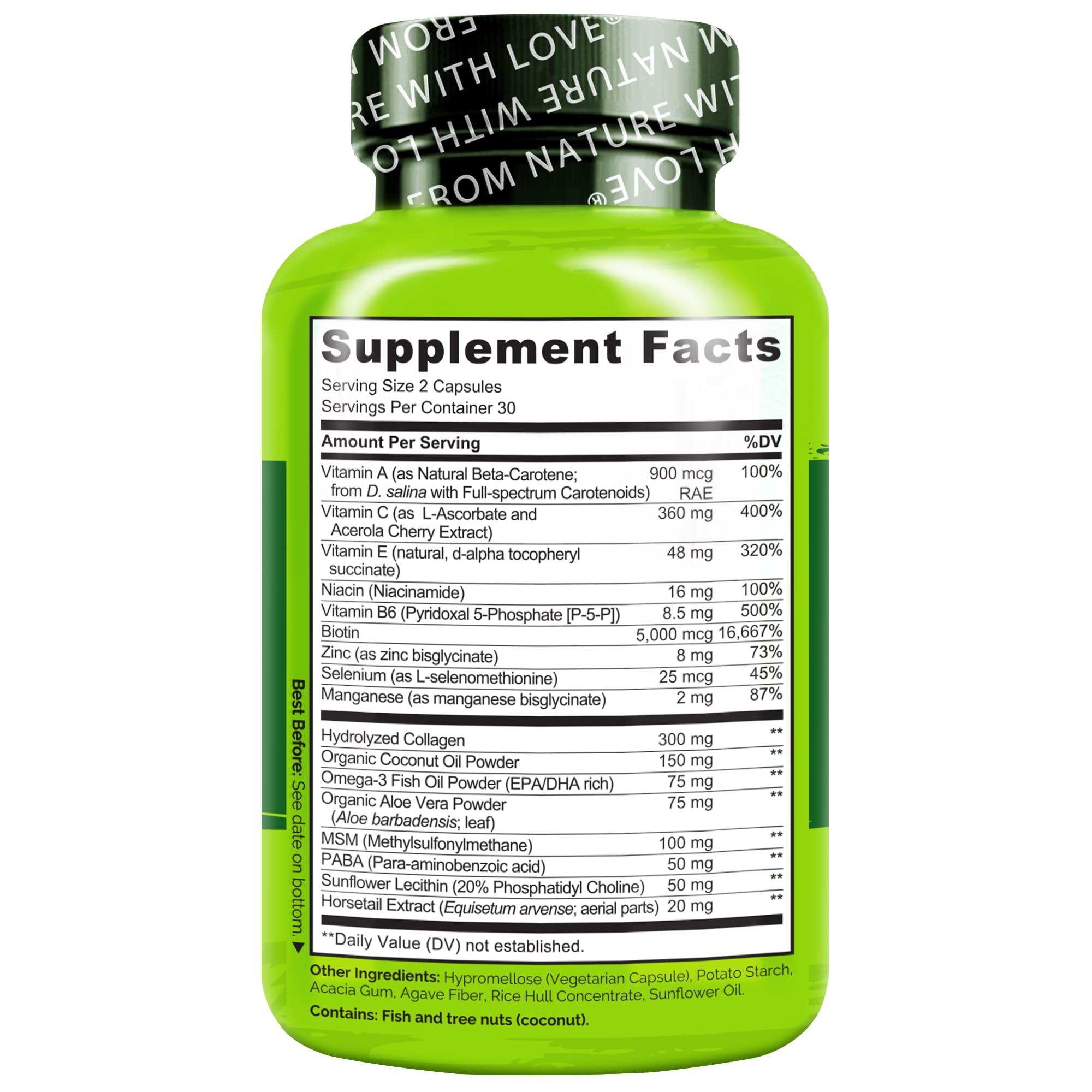 NATURELO etiqueta nutricional en primer plano, clarifica dosis e información