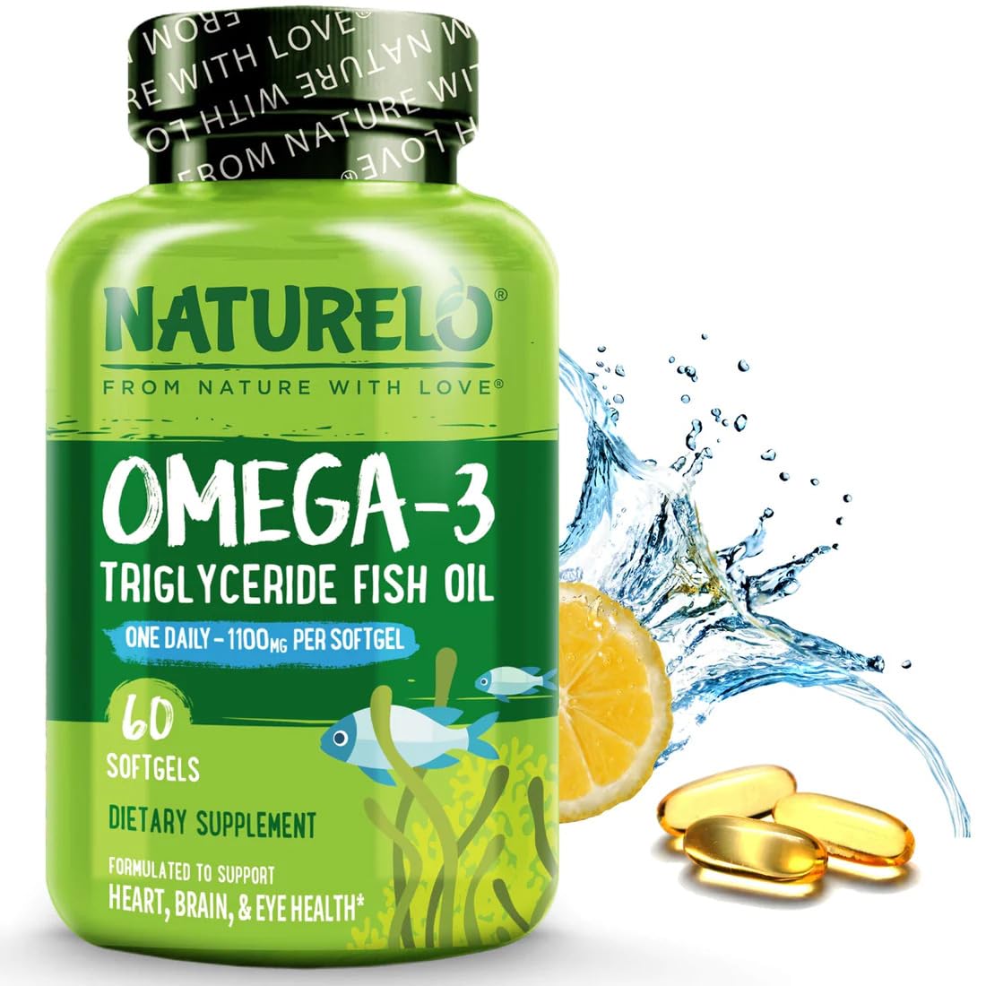 NATURELO frasco delantero mostrando 60 softgels y beneficio de dos meses