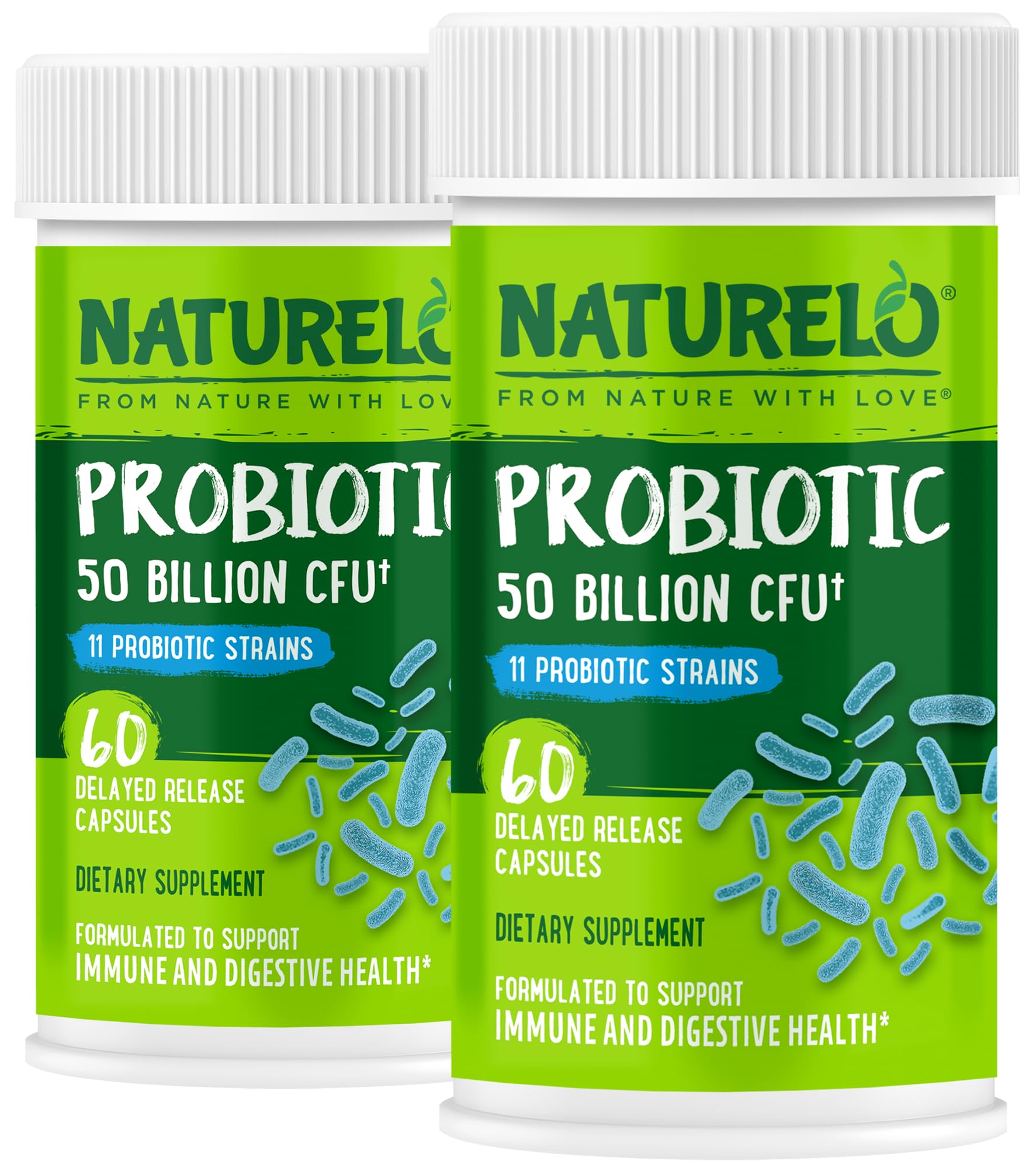 NATURELO frente del empaque mostrando 50B UFC y 11 cepas, claridad de etiquetado
