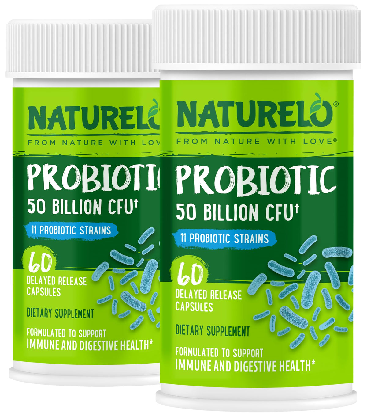 NATURELO frente del empaque mostrando 50B UFC y 11 cepas, claridad de etiquetado