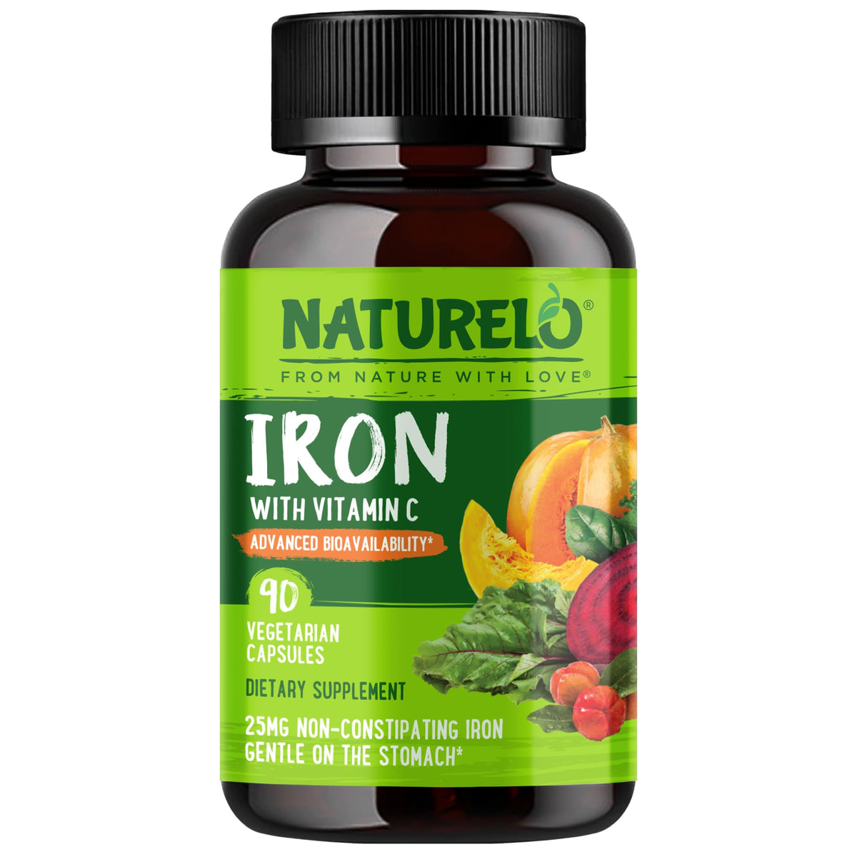 NATURELO frente del envase mostrando hierro vegano y beneficios
