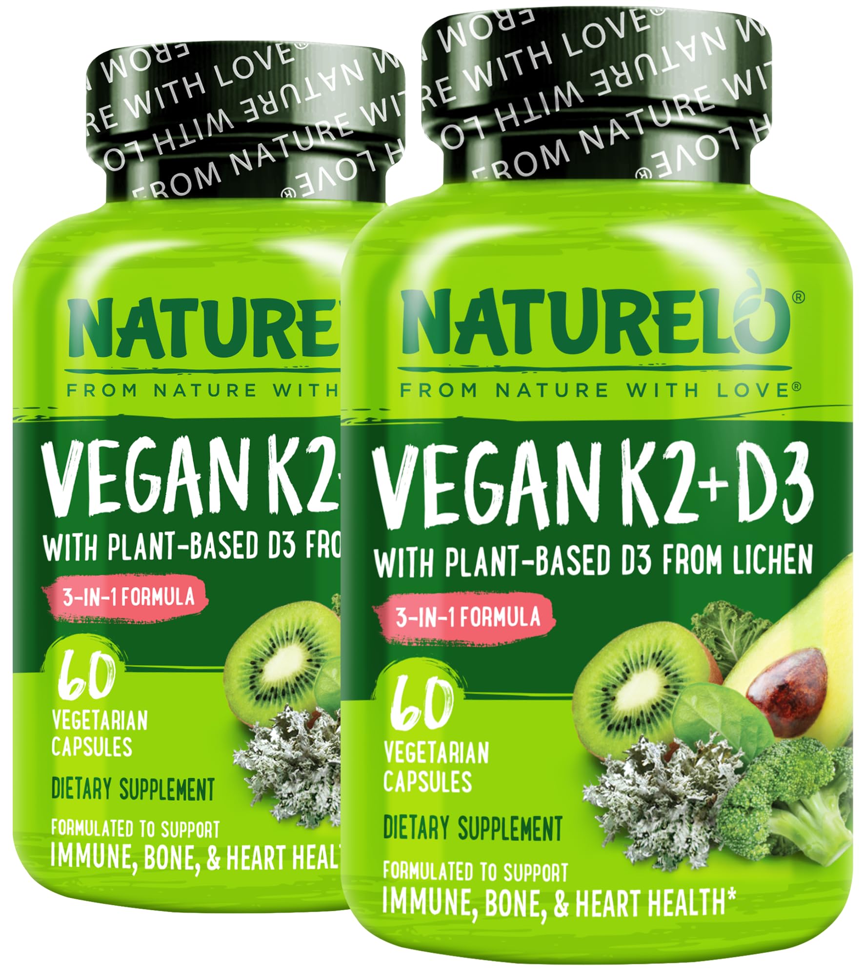 NATURELO envase frontal que muestra D3 K2 vegano y beneficios claros