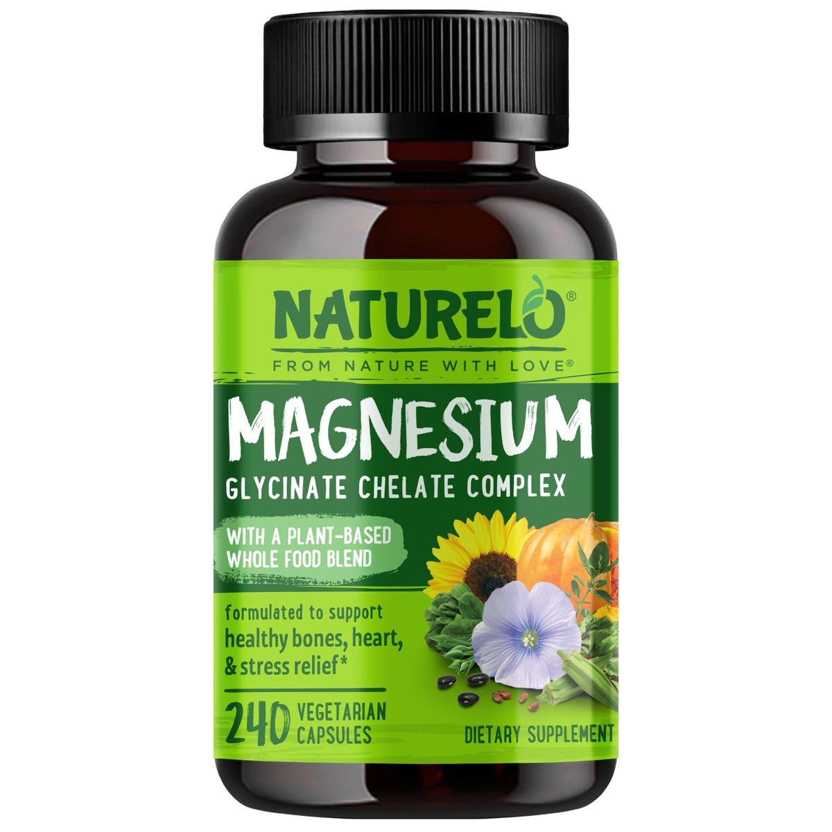 NATURELO vista frontal del envase y botella mostrando dosis y beneficios veganos