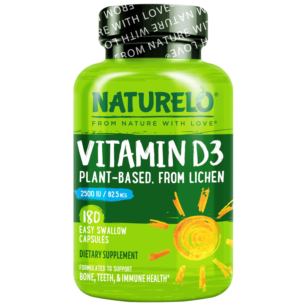 NATURELO bote frontal de vitamina D3 2500 IU, envase claro y beneficios veganos