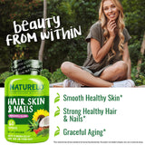 NATURELO ingredientes dispuestos con colágeno y biotina, refuerza soporte estructural