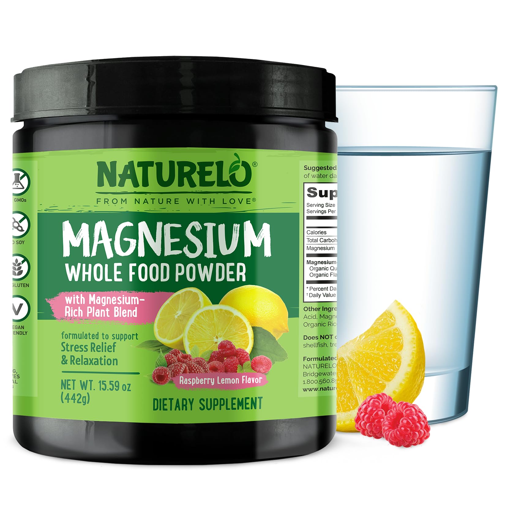 NATURELO envase frontal del polvo magnesio, clara presentación y beneficios