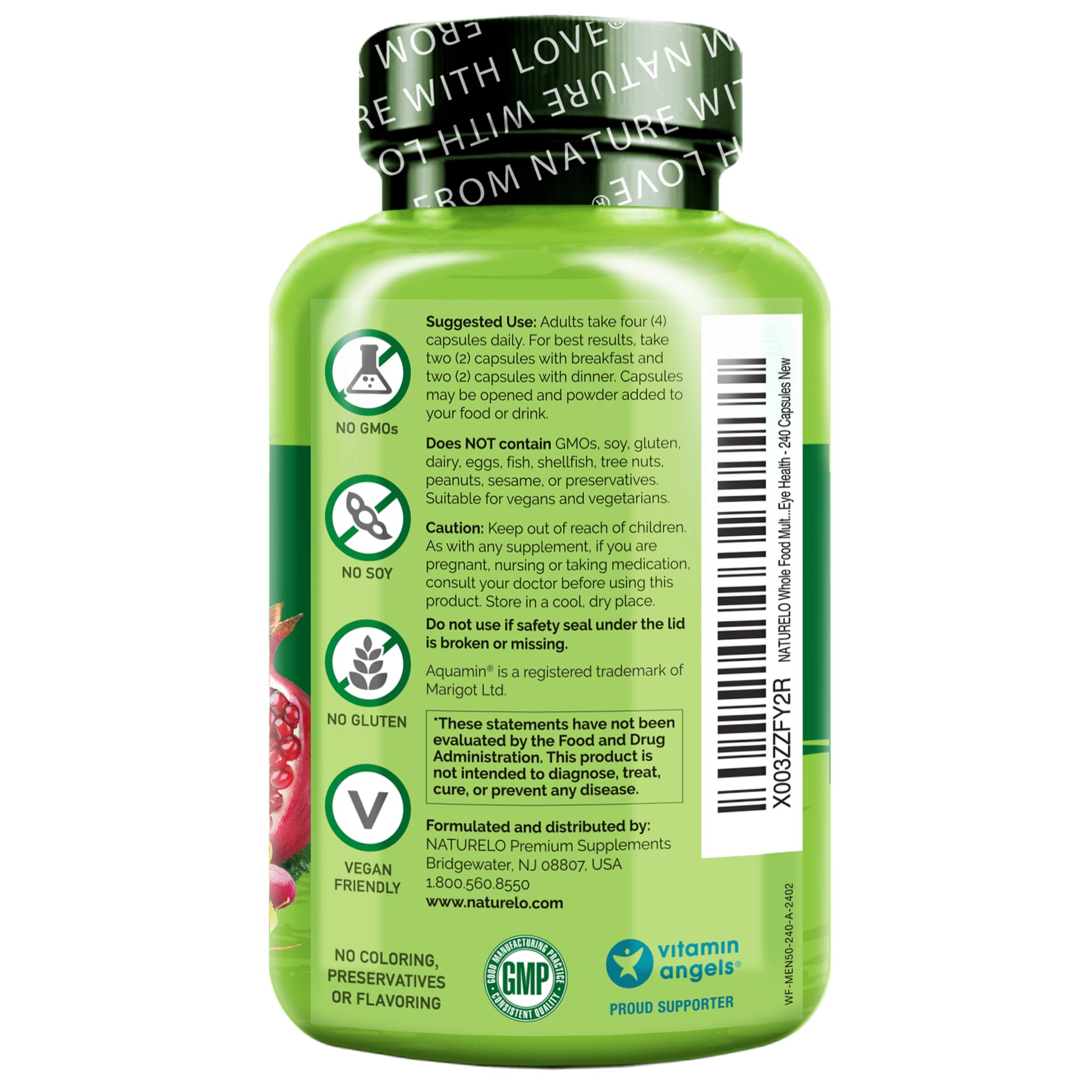 NATURELO frasco junto a frutas y verduras orgánicas resaltando origen alimentario