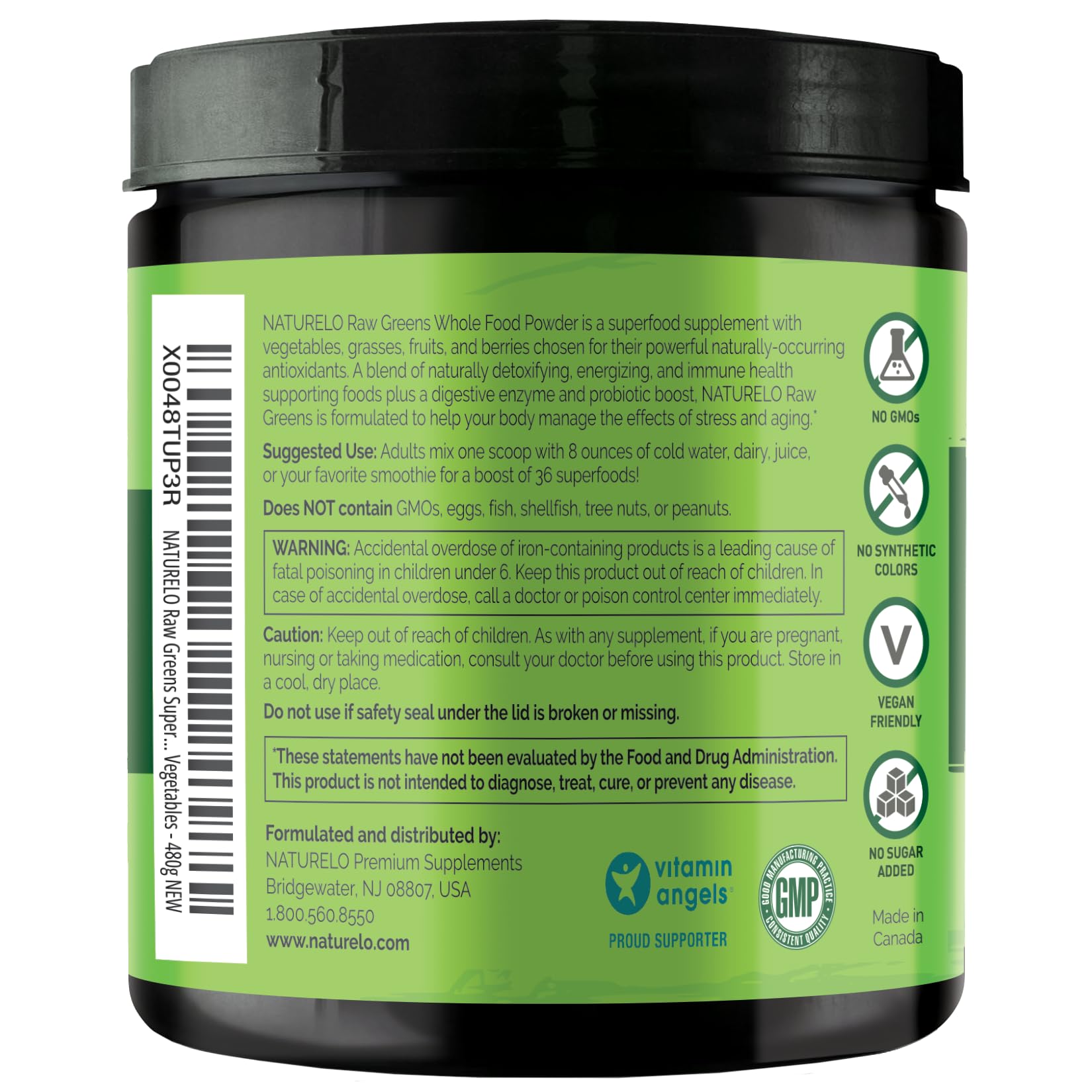 NATURELO etiqueta nutricional del Raw Greens detallando ingredientes y probióticos