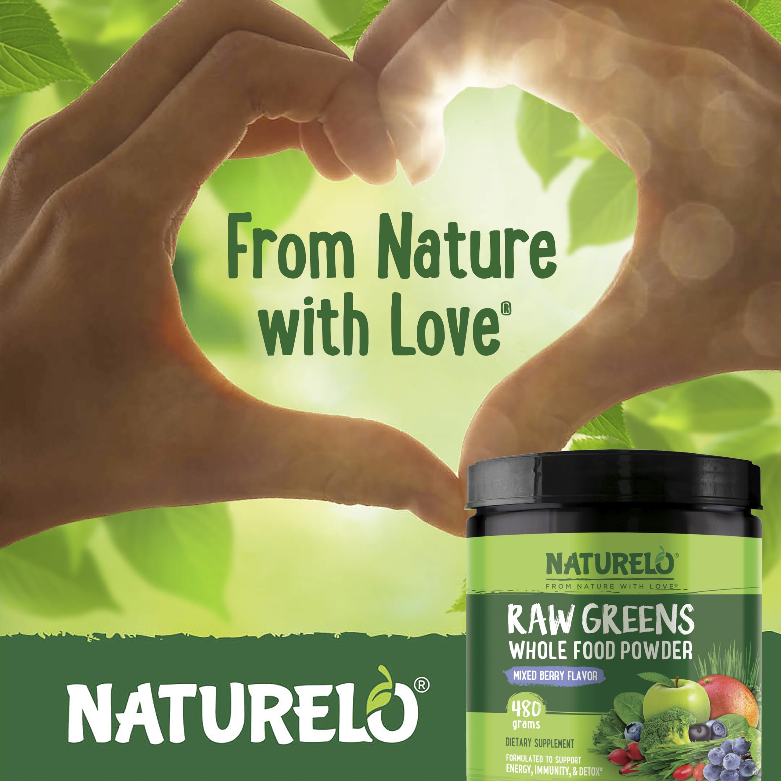 NATURELO comparación de tamaño del envase y cucharada de porción recomendada