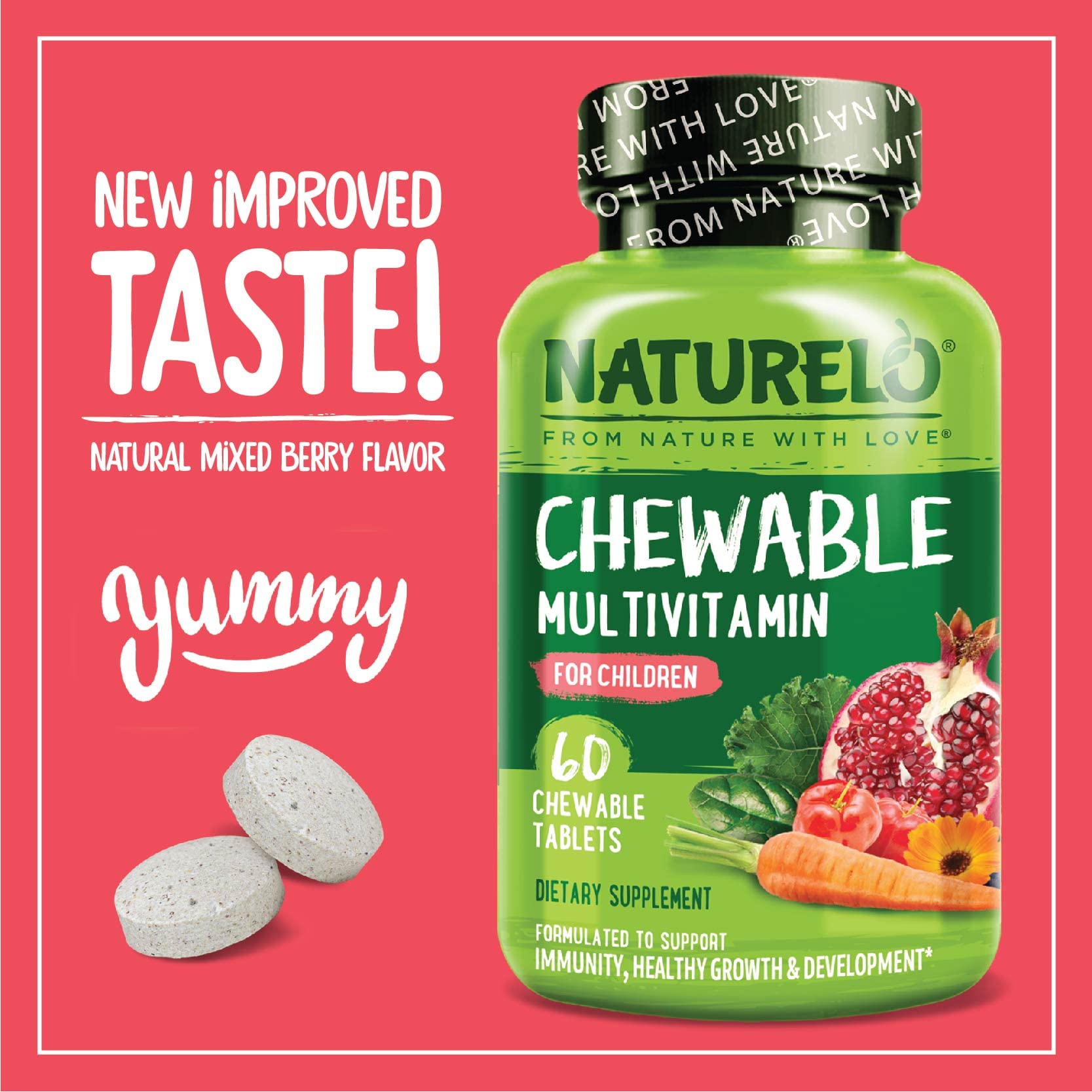 NATURELO tableta masticable en primer plano mostrando forma y facilidad