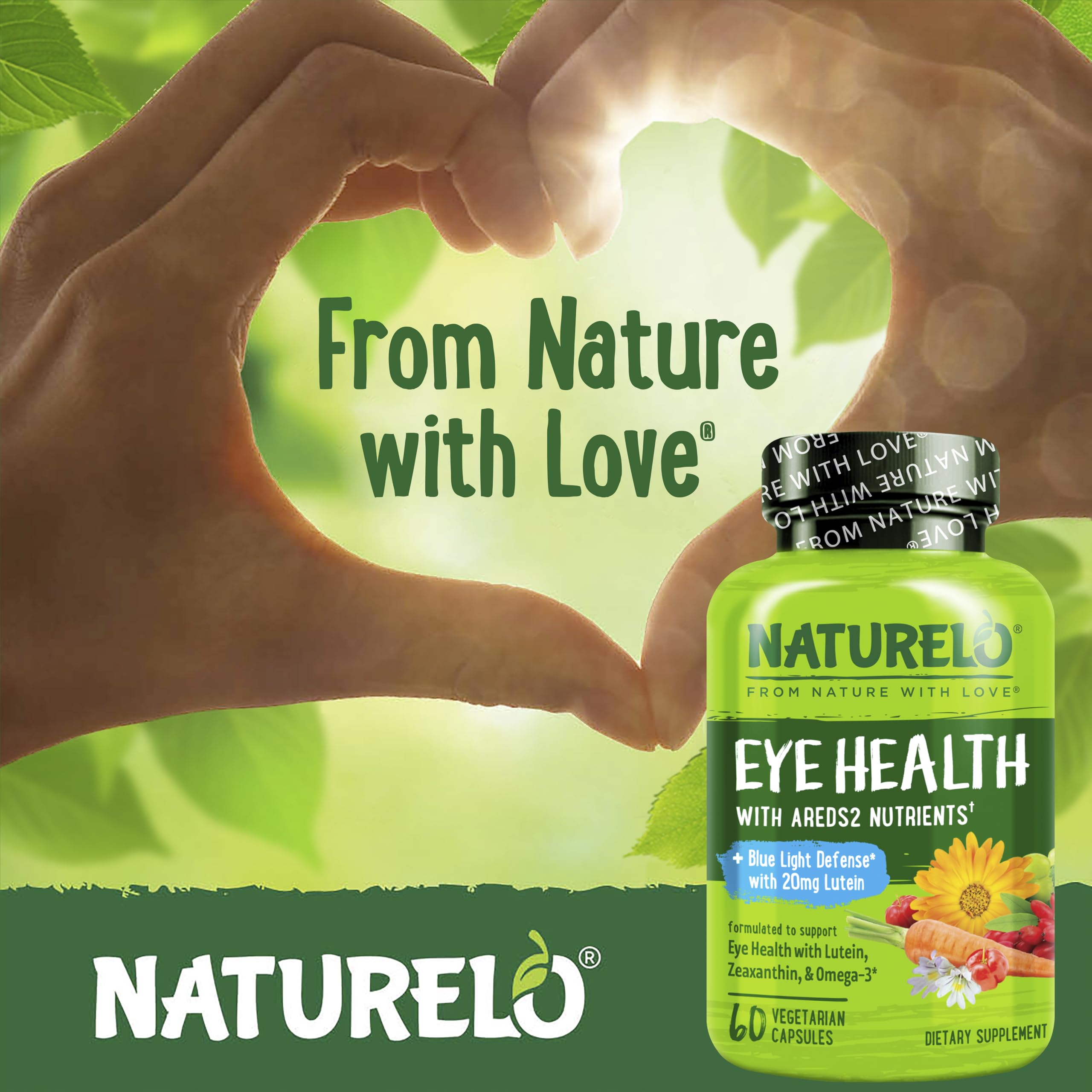 NATURELO frasco en escritorio junto a lentes para reducir fatiga visual