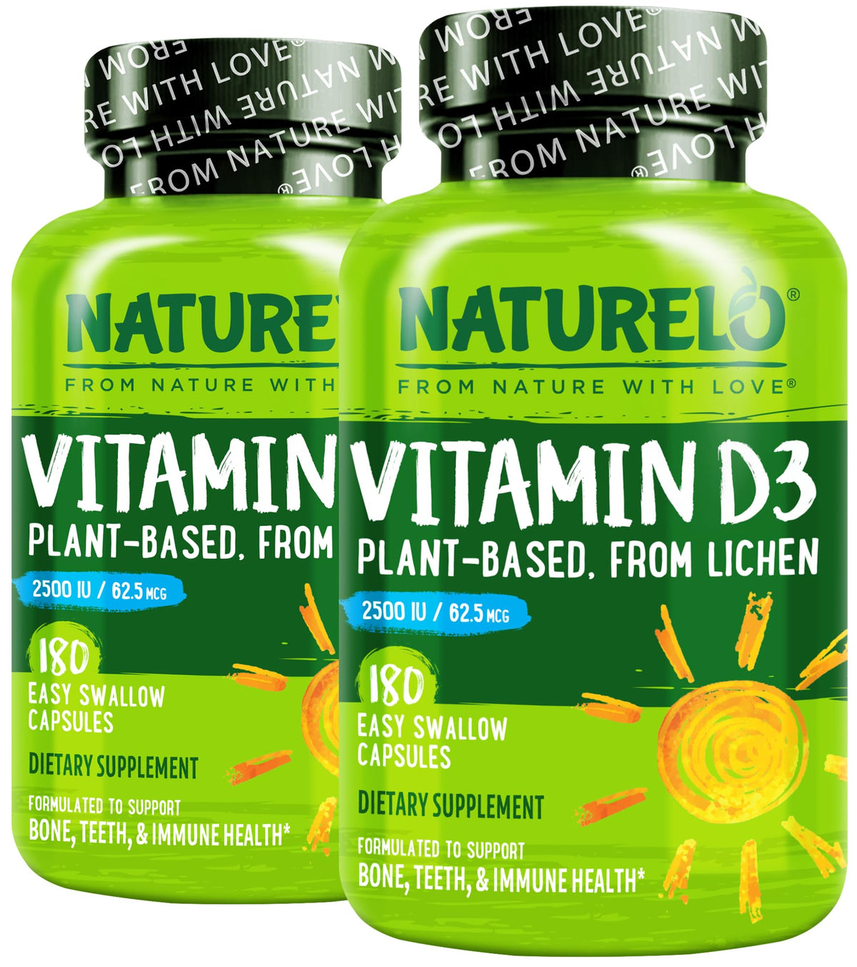 NATURELO envase frontal de vitamina D3 mostrando dosis y beneficios