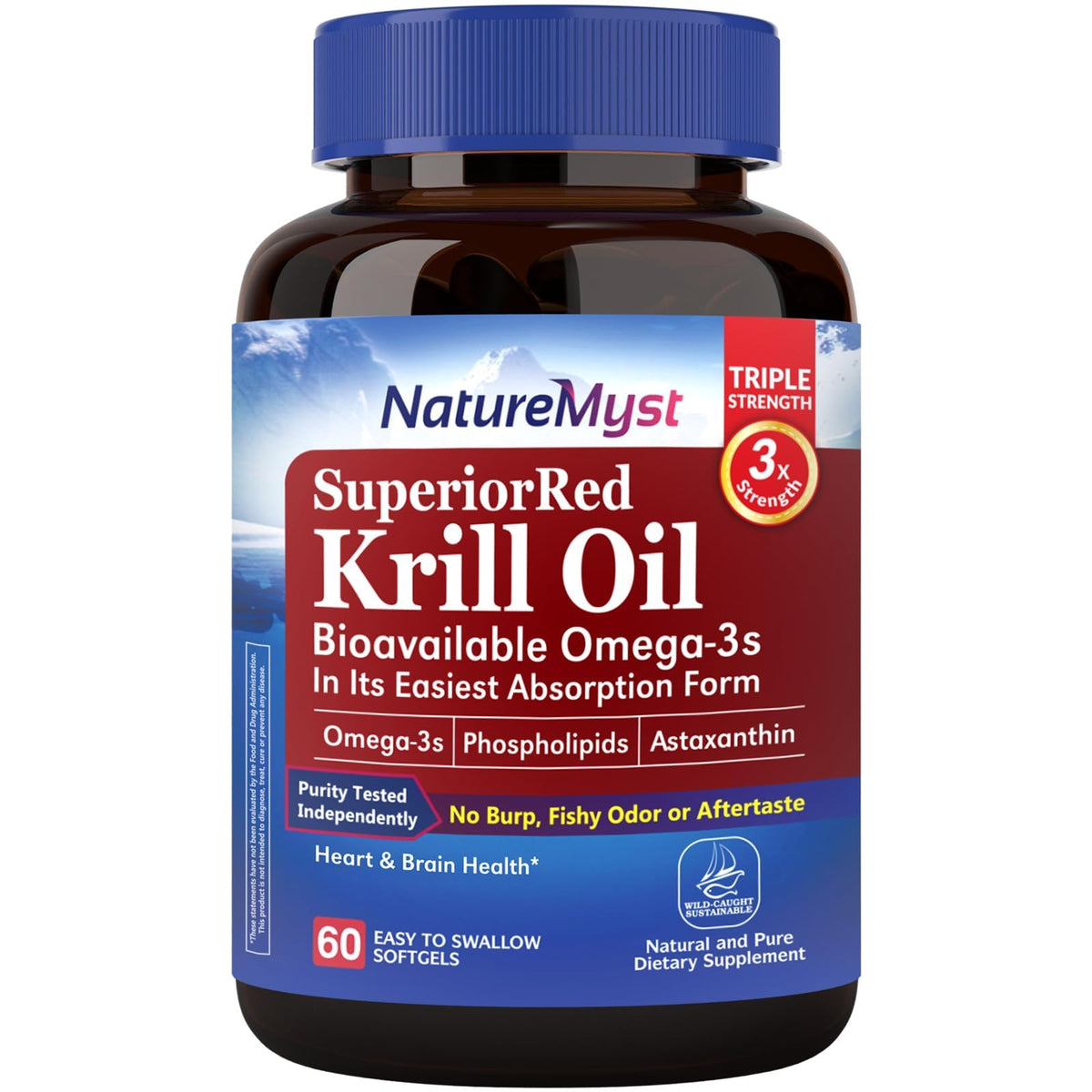 NatureMyst frasco frontal de Krill Oil 1000 mg con etiqueta clara y beneficios