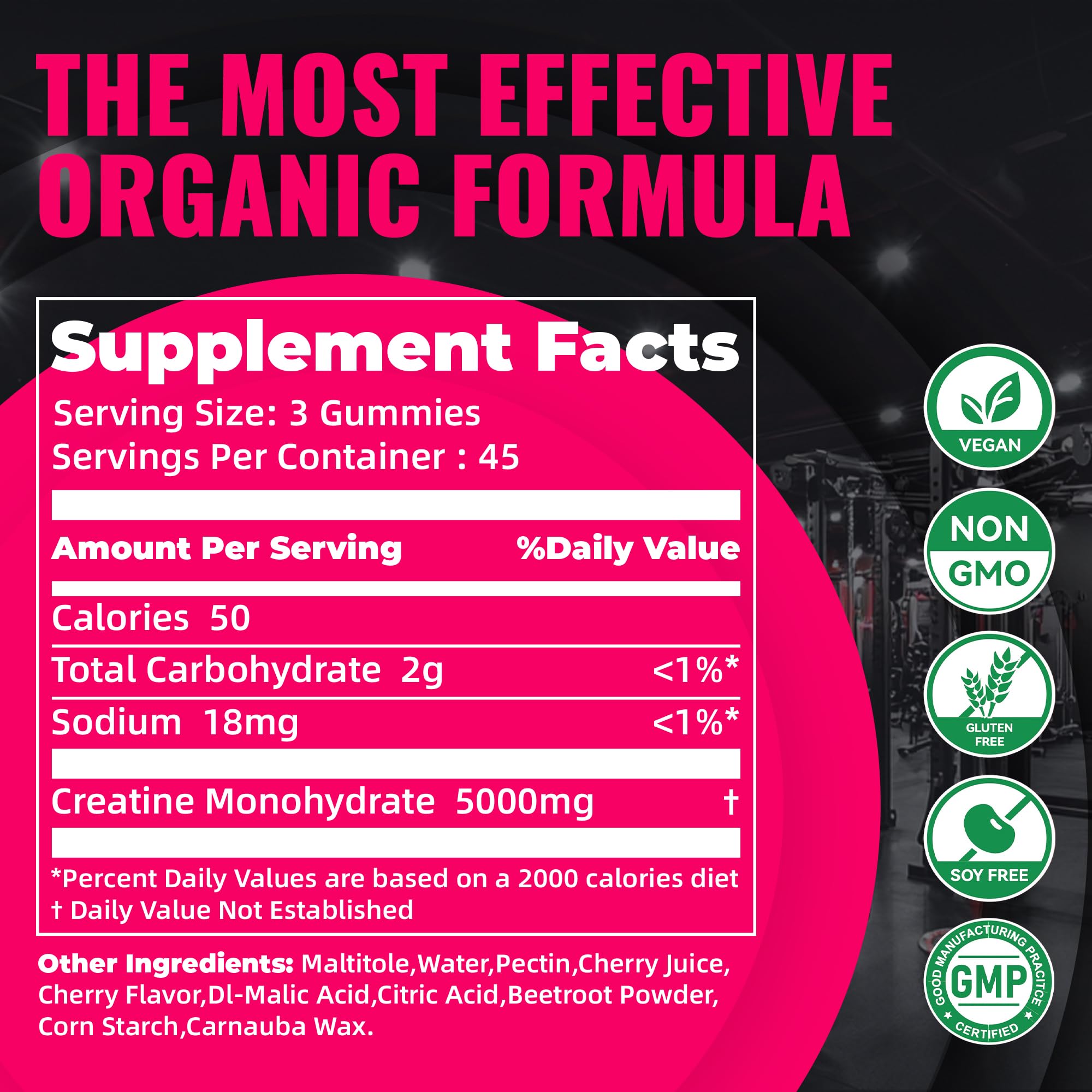 Natures Aid gominolas agrupadas indicando 3 unidades por porción para 5 g de creatina