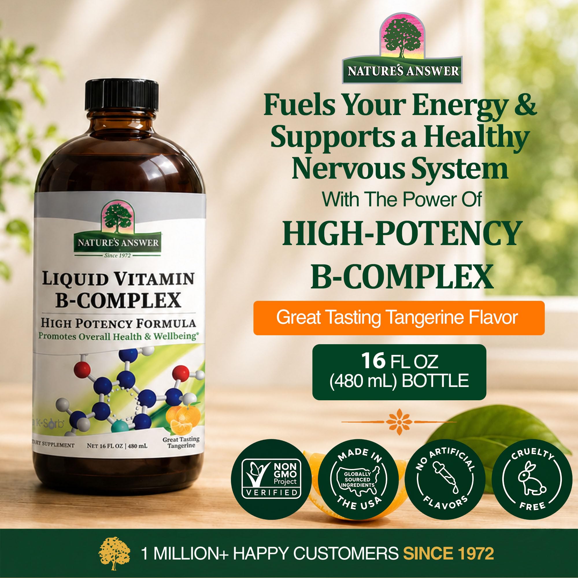 Nature's Answer etiqueta en detalle con información de vitaminas y confianza de marca