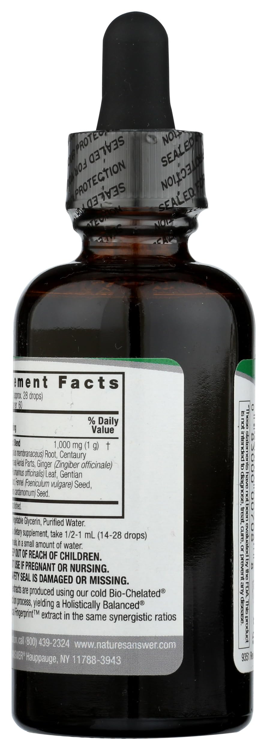 Nature's Answer etiqueta detallada con ingredientes y origen certificado