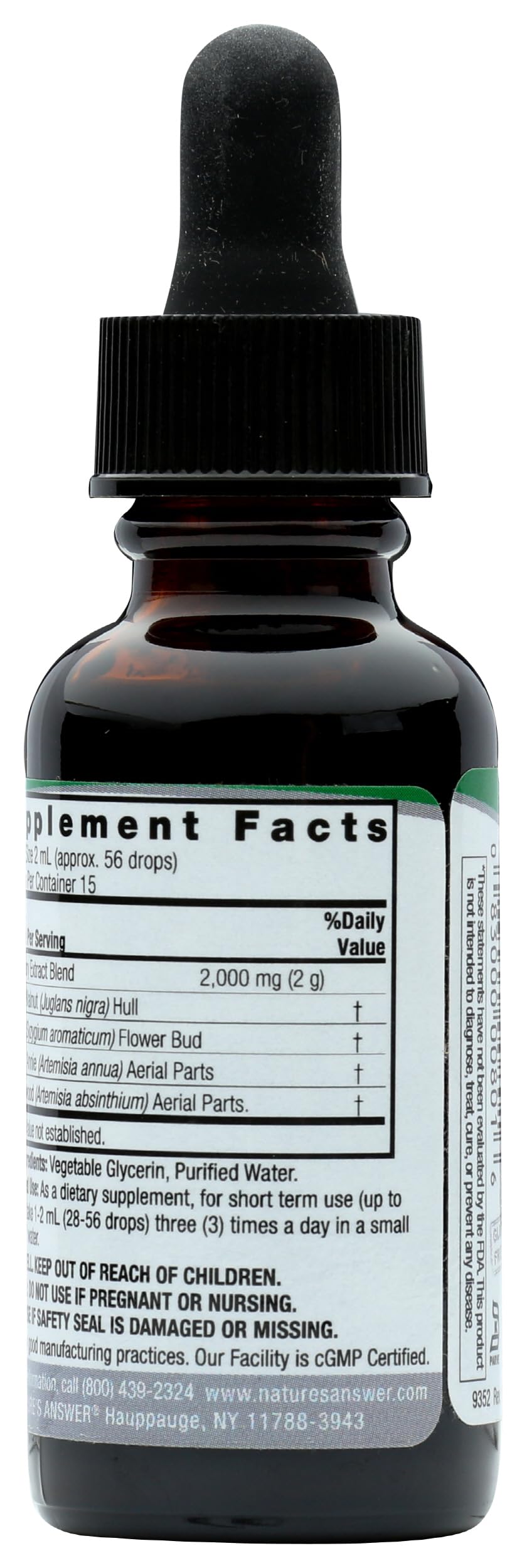 Nature's Answer etiqueta con ingredientes y certificaciones visibles