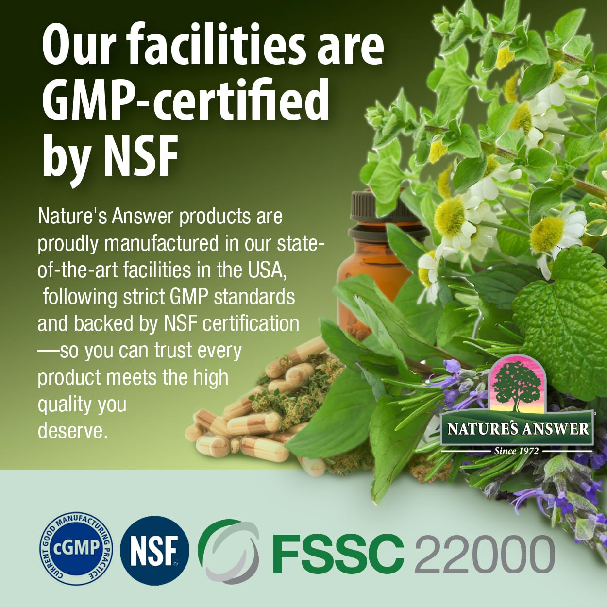 Nature's Answer etiqueta lateral con información de ingredientes y lote